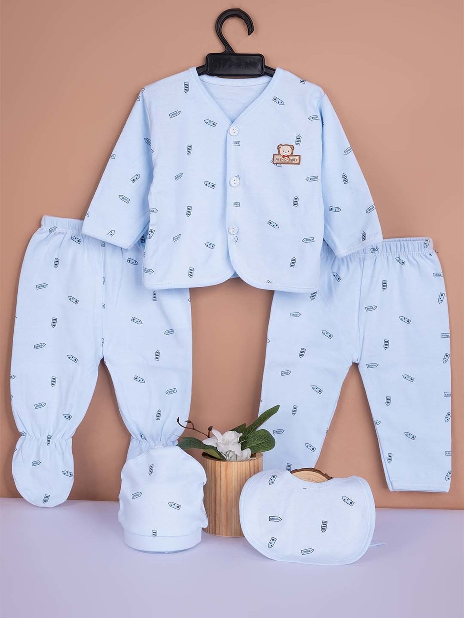 Baby Moo Kids Blue Printed Full Sleeves T-Shirt Set