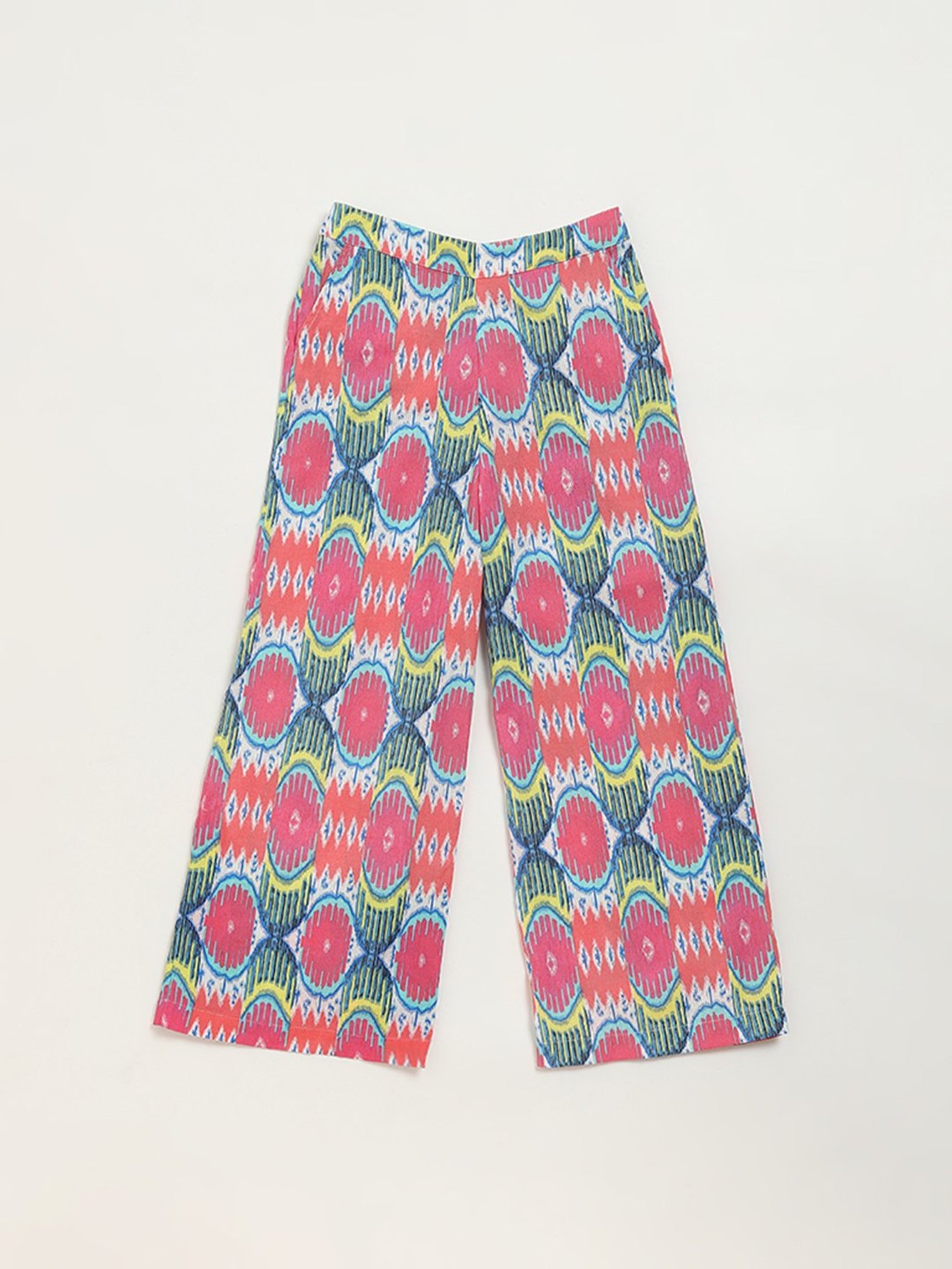 Utsa Kids by Westside Pink Ikat Printed High-Rise Cotton Blend Palazzos