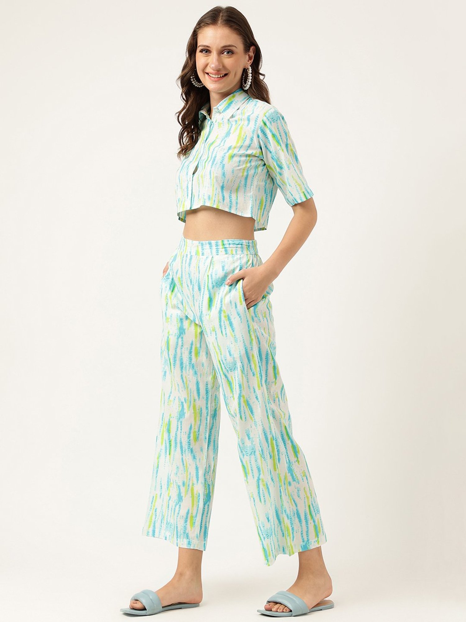Divena White Cotton Tie Dye Crop Shirt With Pants