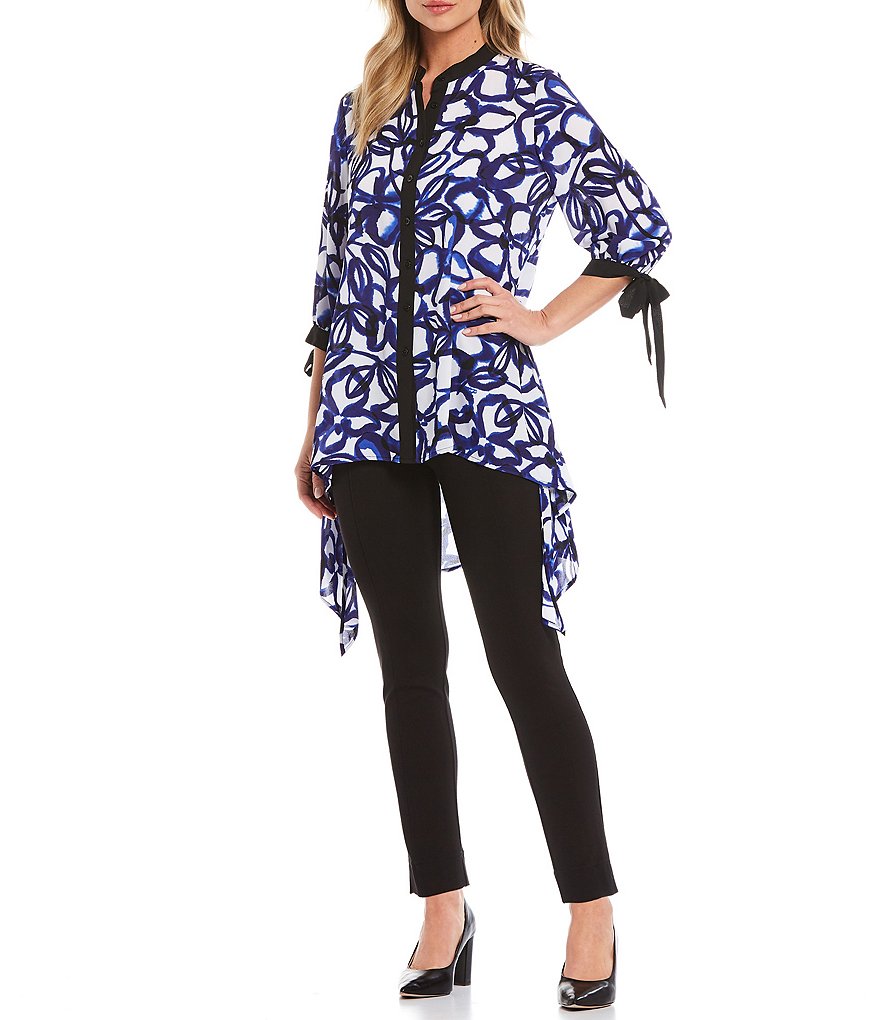 Slim Factor By Investments Tie Dye Floral Print Georgette Tie-Cuffs 3/4 Sleeve Hi-Low Button Down Tunic