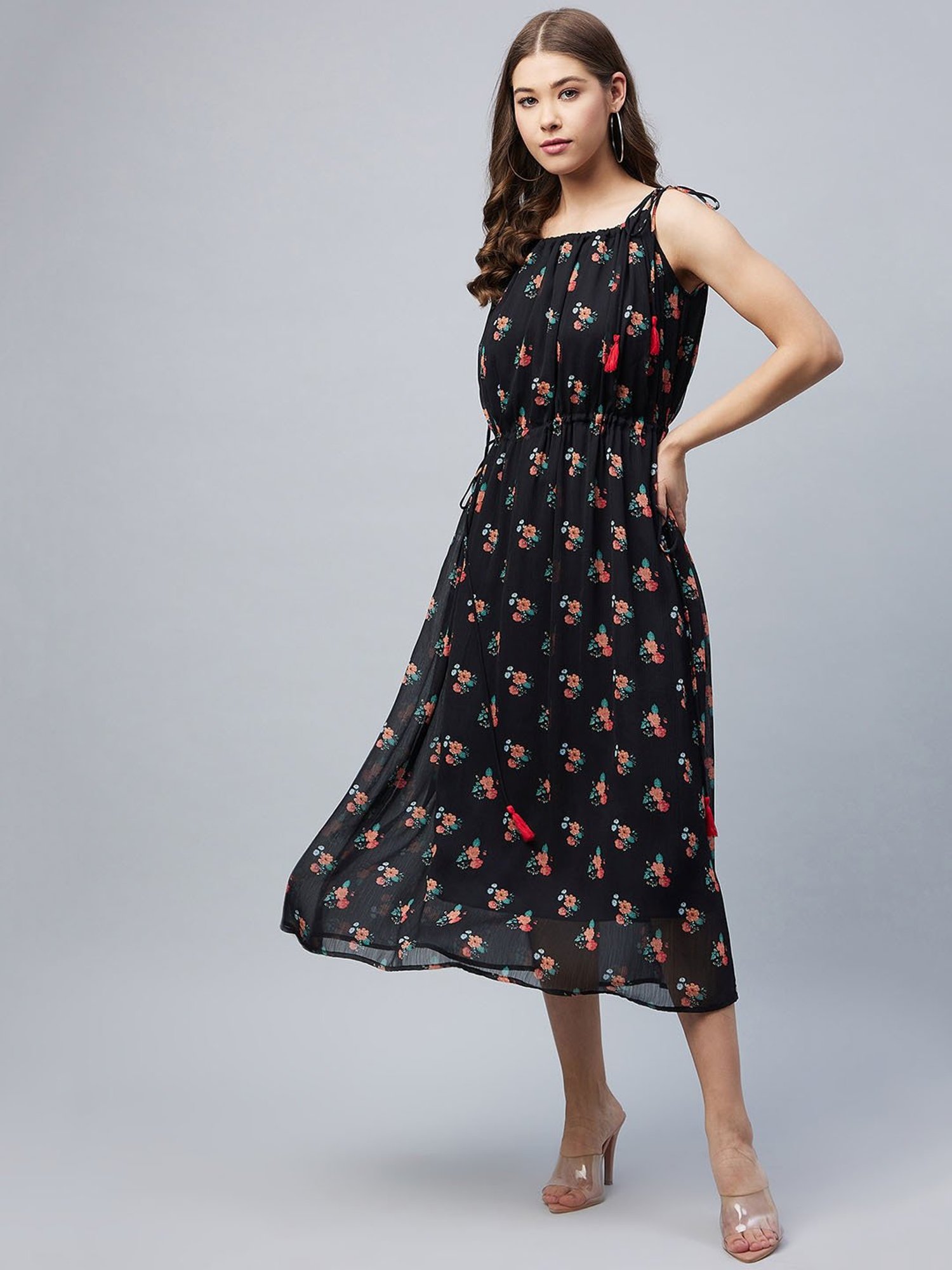StyleStone Black Floral Print Fit & Flare Dress