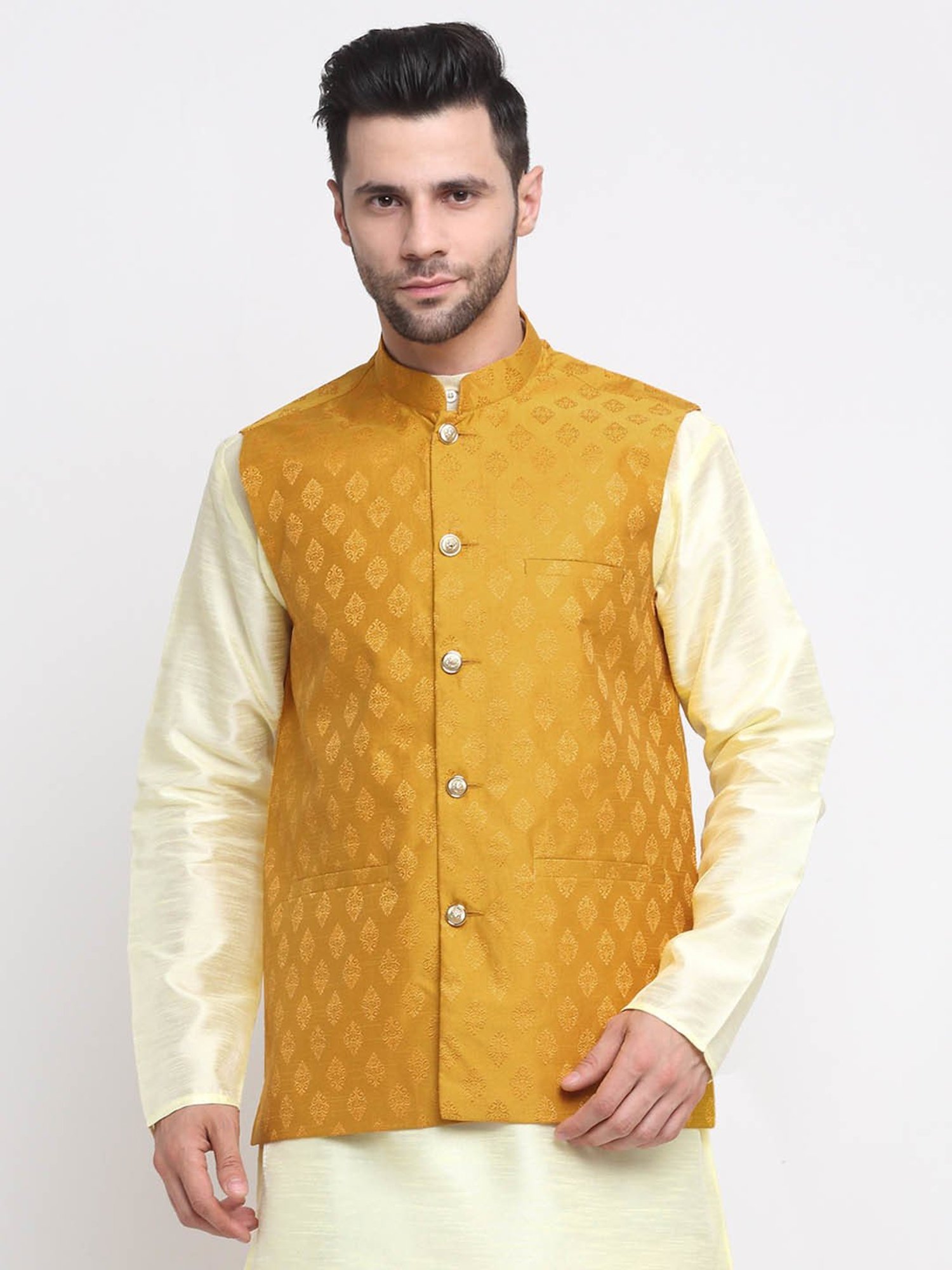 Neudis Men Yellow Printed Sleeveless Nehru Jacket