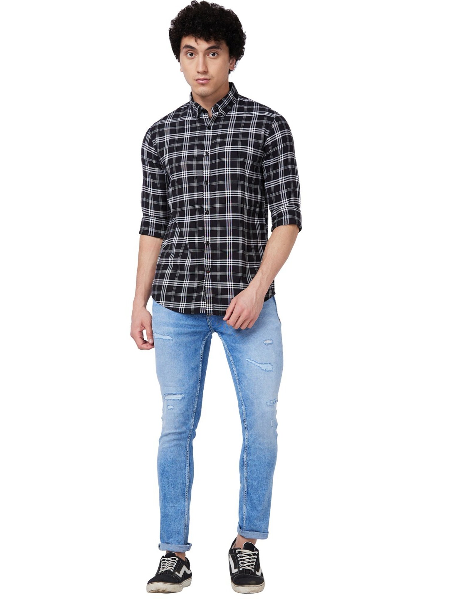 Spykar Black Cotton Regular Fit Checks Shirt