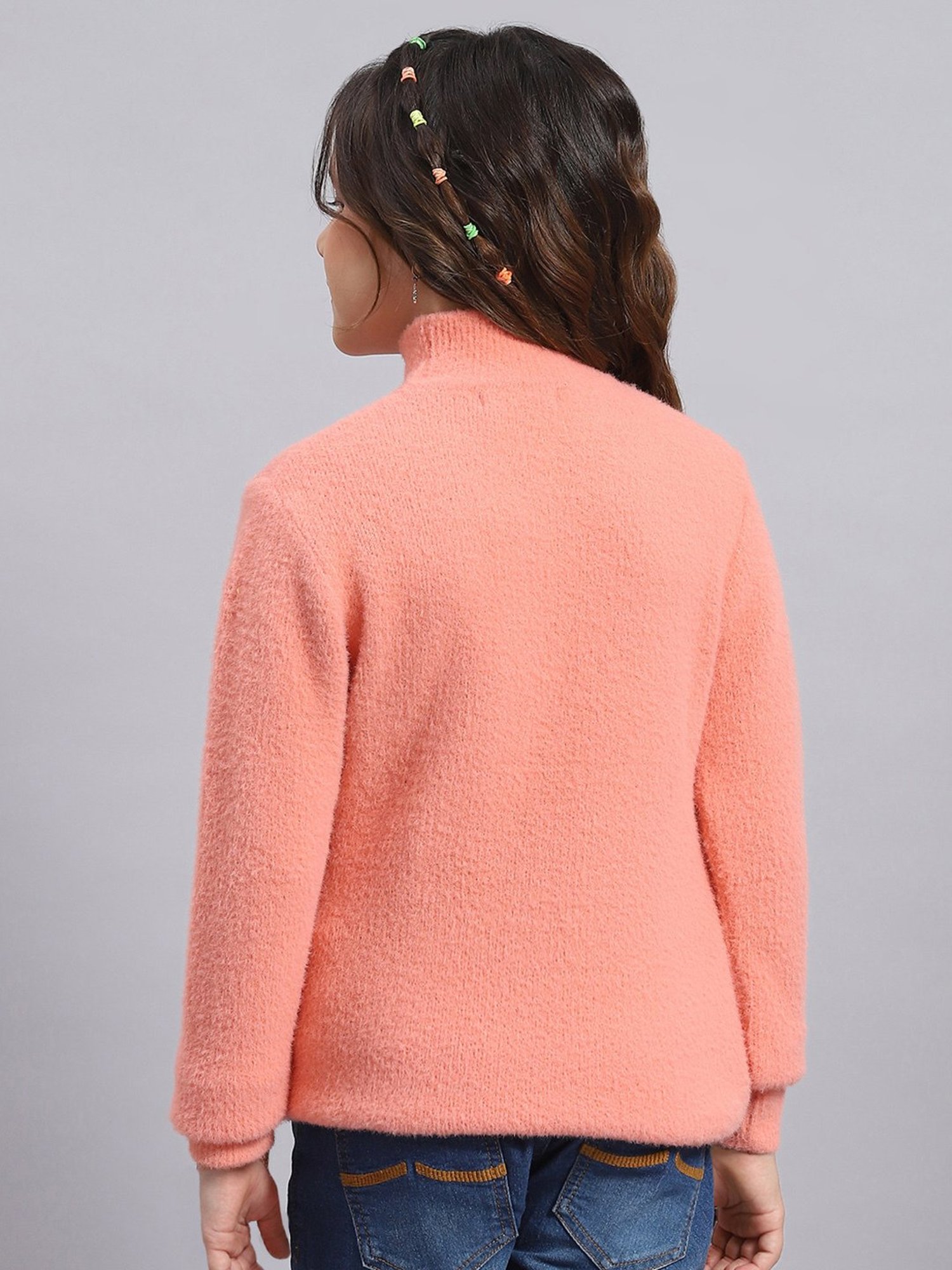 Monte Carlo Kids Peach Solid Full Sleeves Sweater