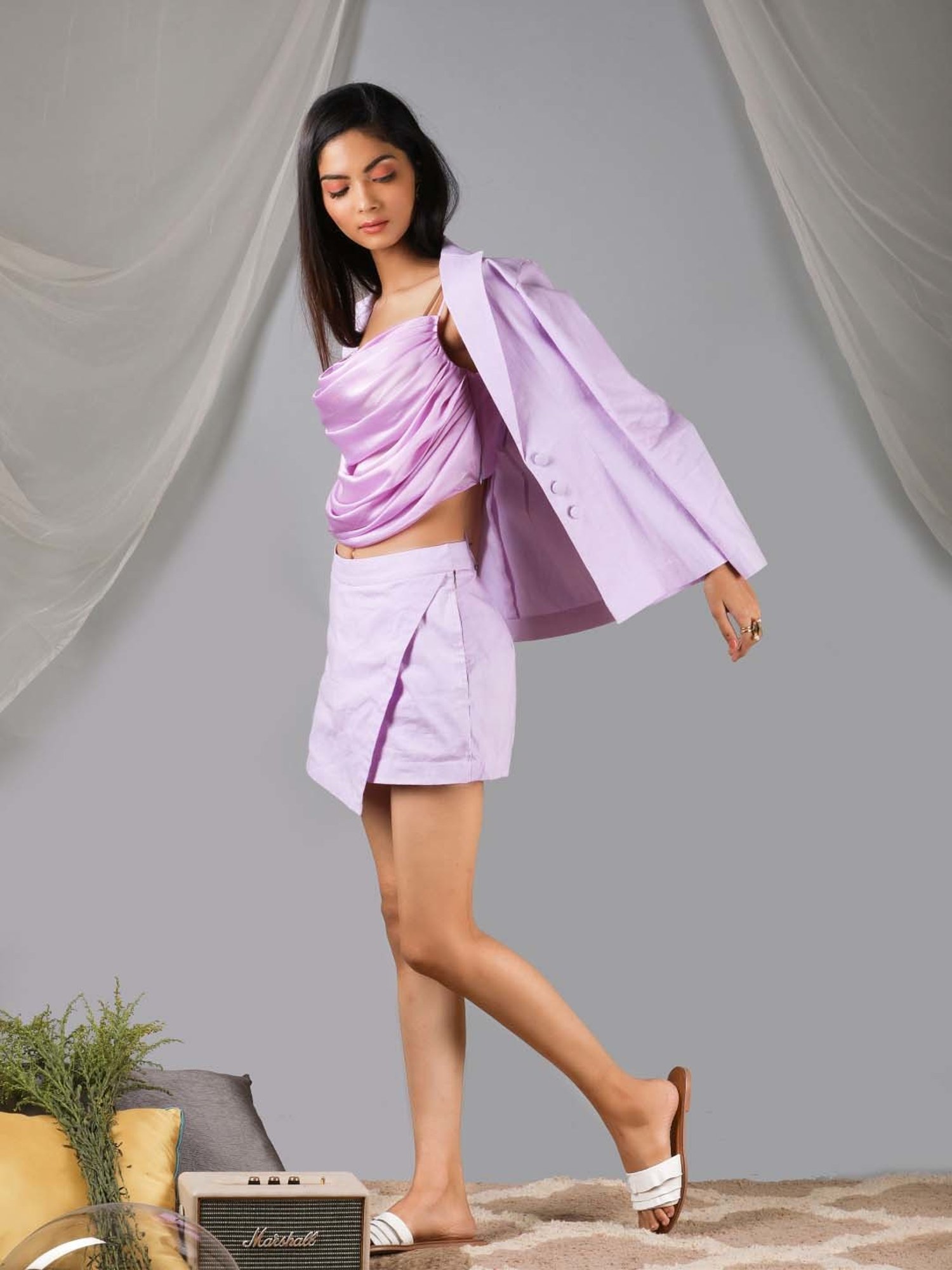 KAORI BY SHREYA AGARWAL Lilac Cotton Crop Top Skort Set With Blazer