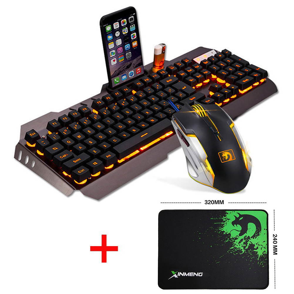 UrChoiceLtd 2017 Technology Orange Yellow LED Backlit Multimedia Ergonomic Usb Gaming Keyboard with a Phone Stand and Lighter Stand + 2000DPI Gaming Mouse + Gaming Mouse Pad For Laptop Computer