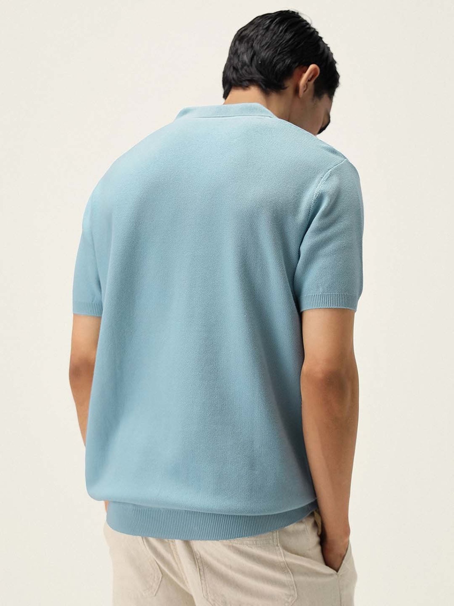 ANDAMEN Light Blue Regular Fit Textured Polo T-Shirt