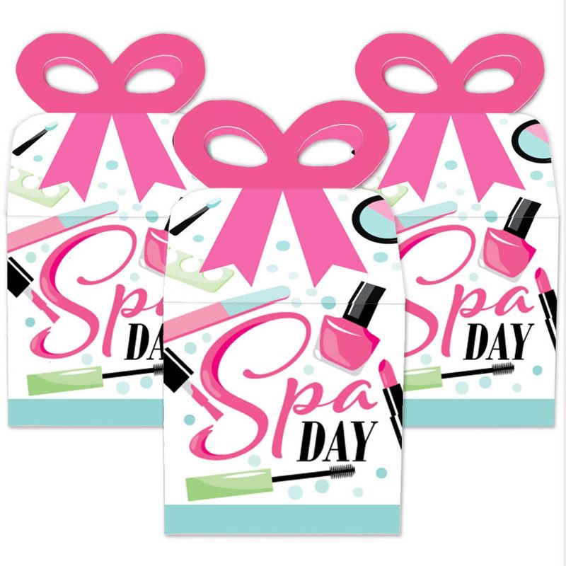 Big Dot of Happiness Spa Day - Square Favor Gift Boxes - Girls Makeup Party Bow Boxes - Set of 12
