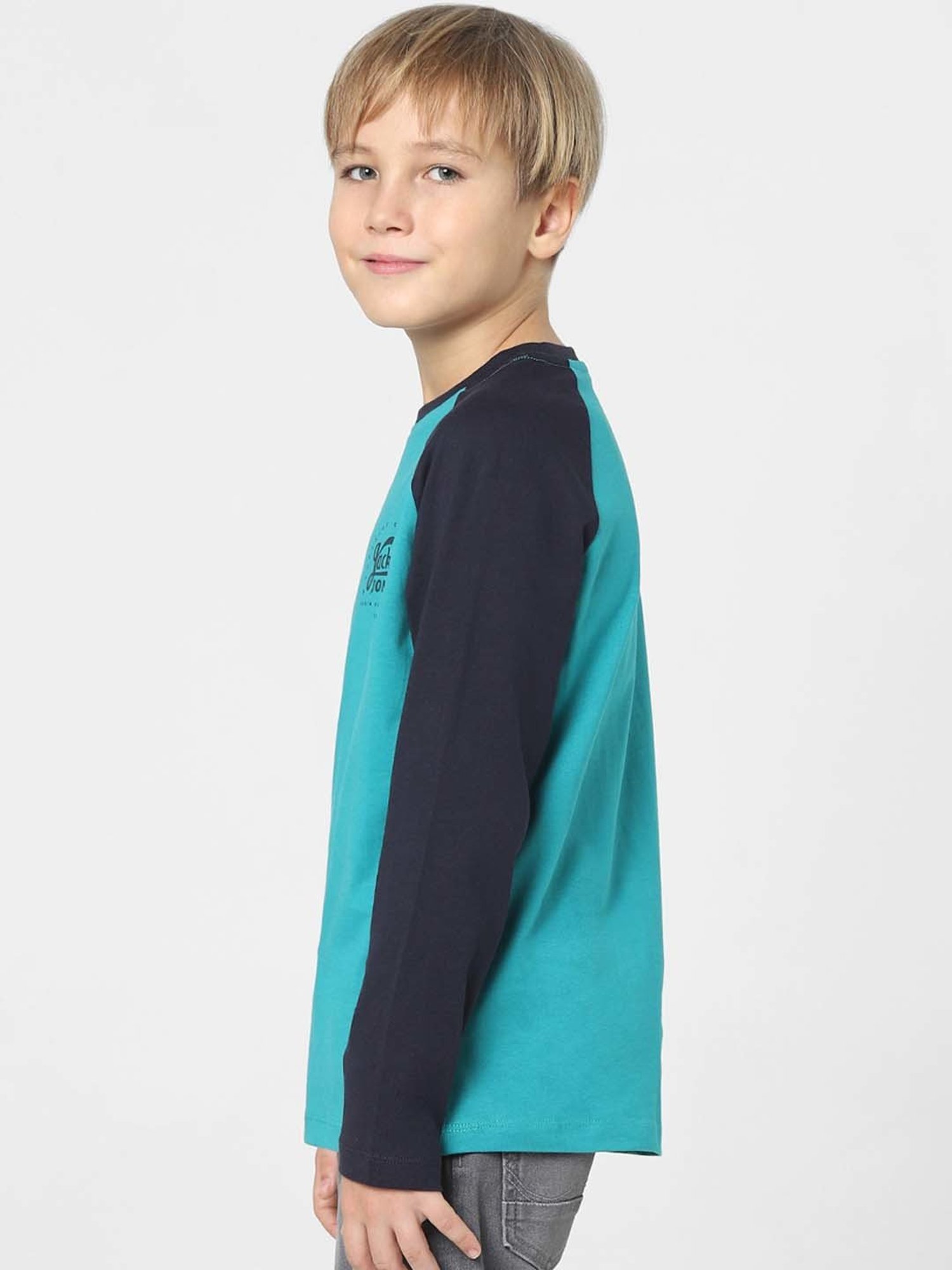 Jack & Jones Junior Teal Blue & Black Cotton Color Block Full Sleeves T-Shirt