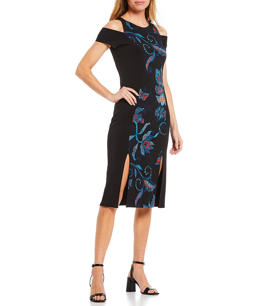 Eva Varro Solid & Paisley Floral Print Knit Round Neck Open Shoulder Short Sleeve Four Slit Hem Sheath Dress