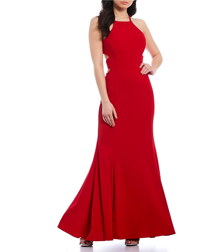 Morgan & Co. High Neck Lace-Up-Back Long Dress