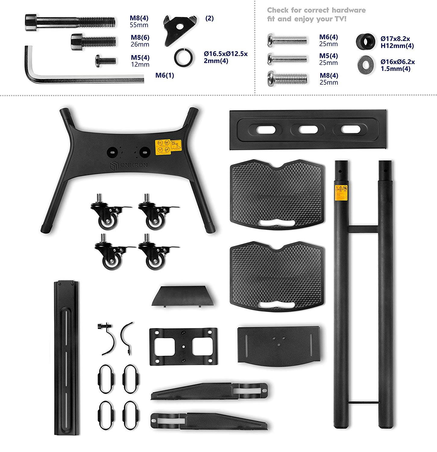 ONKRON Mobile TV Stand TV Cart with wheels & 2 AV Shelves for 32&rdquo; &ndash; 65 inch LCD LED OLED Flat Panel Plasma Screens up to 100 lbs Black TS1552