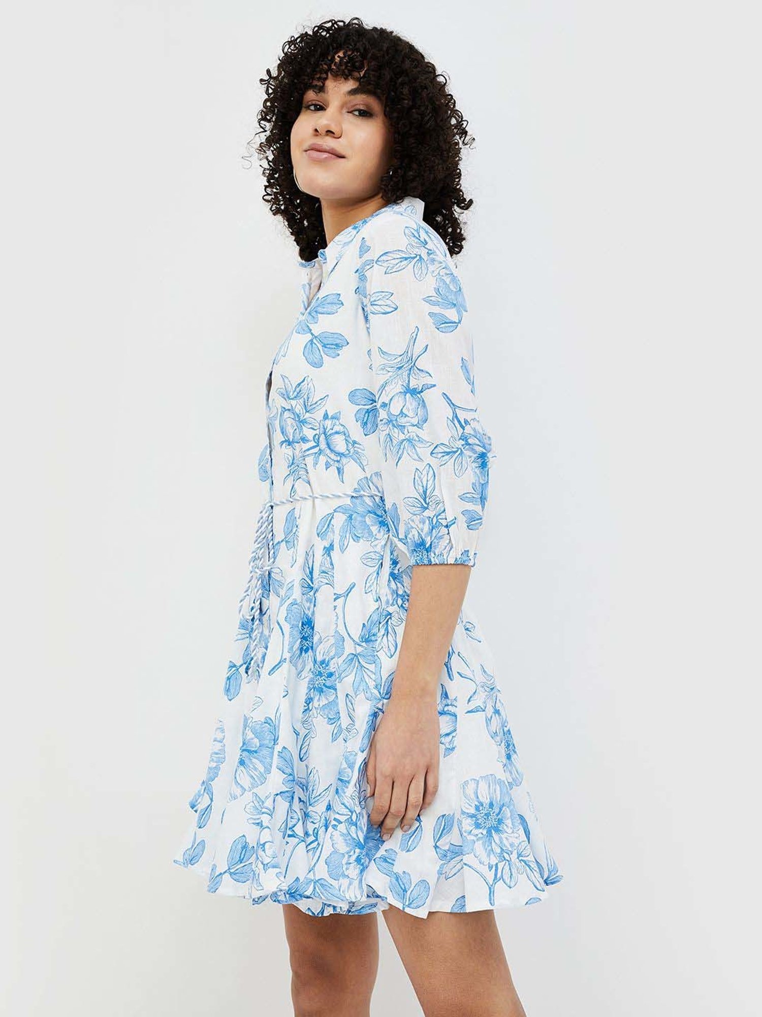 Colour Me by Melange Blue Cotton Printed A-Line Dress With Belt