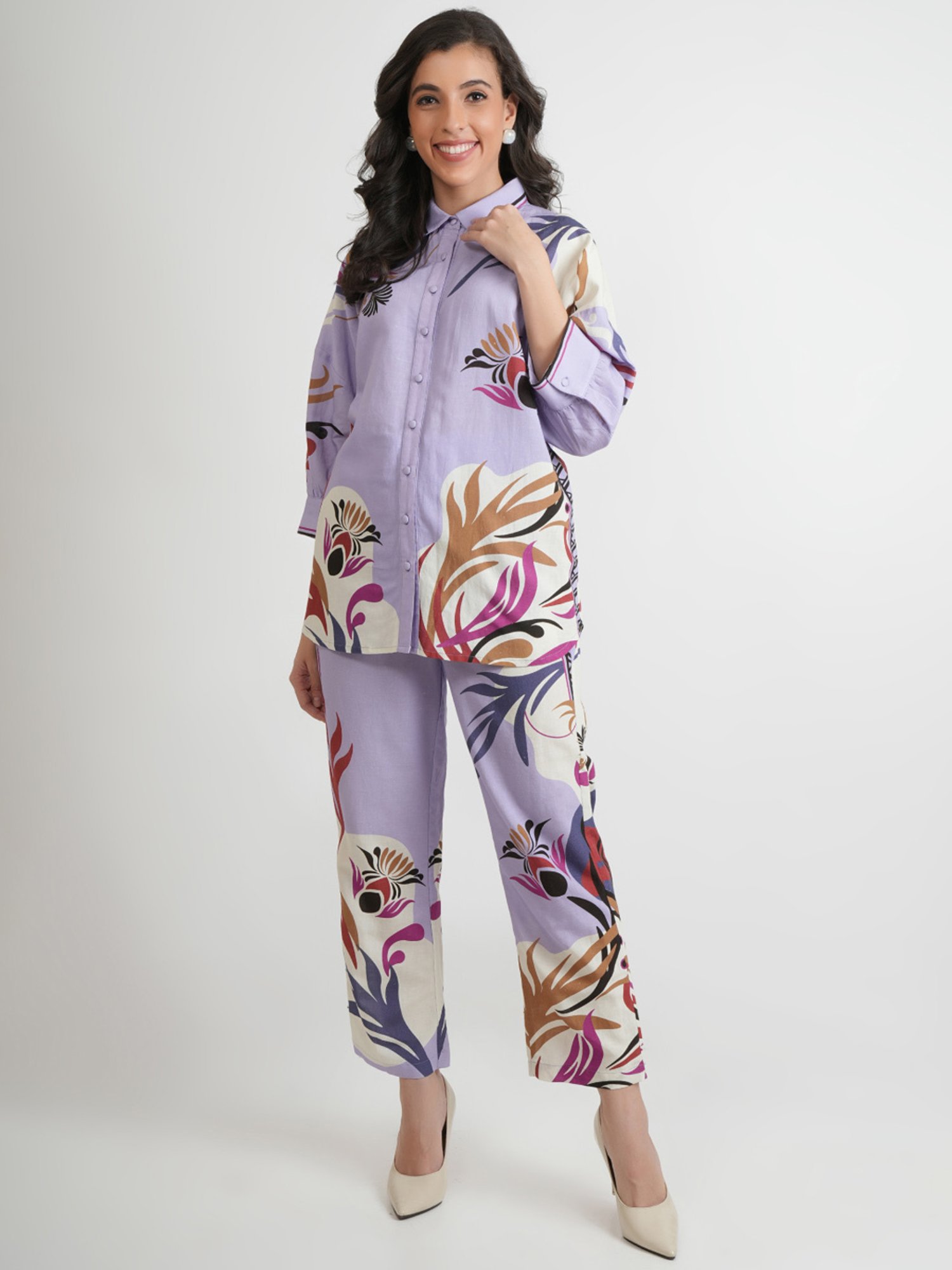 Zolo Label Lilac Floral Print Shirt Pant Set