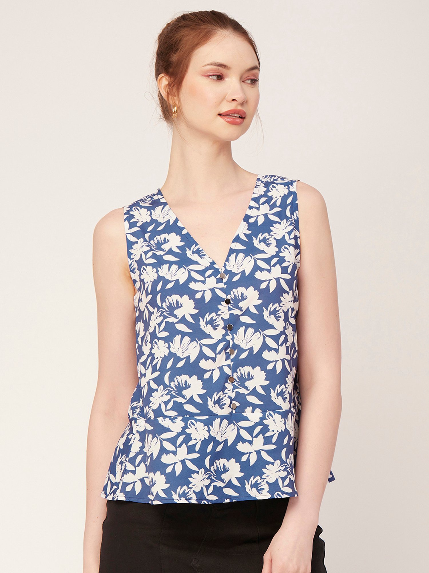 Moomaya Blue & White Floral Print Top