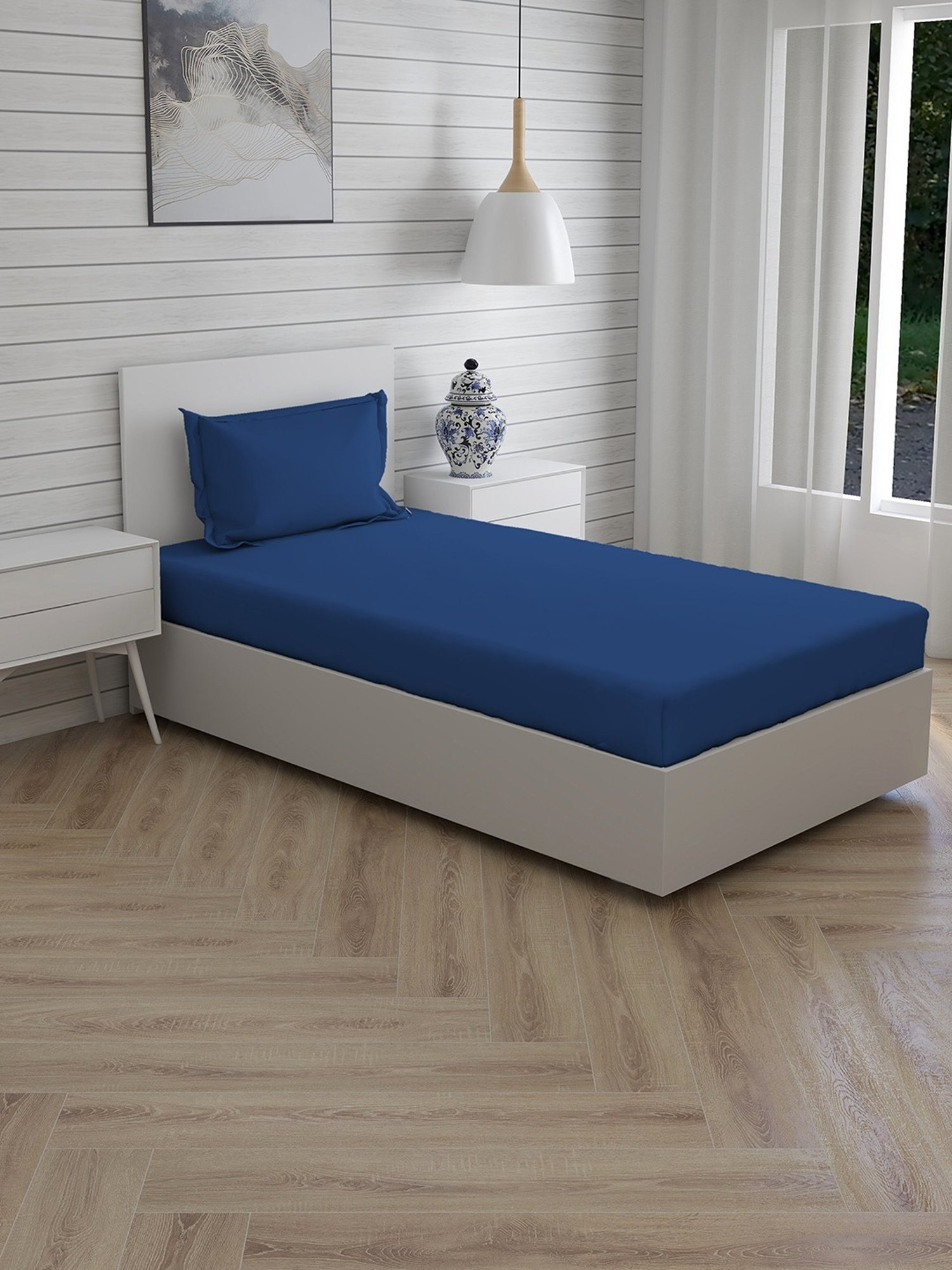 Layers Be Bold Solid Blue 140 TC Cotton Single Bed Sheet with 1 Pillow Cover