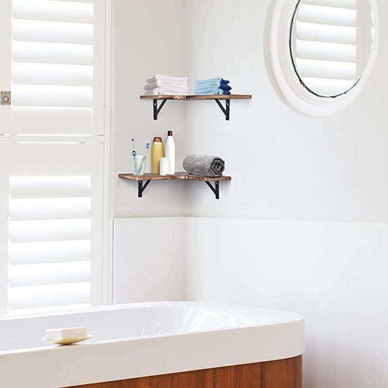 Corner Wall Shelves Rustic Wood Corner Floating Shelves for Bedroom Living Room Bathroom Kitchen Set of 2 Carbonized Black