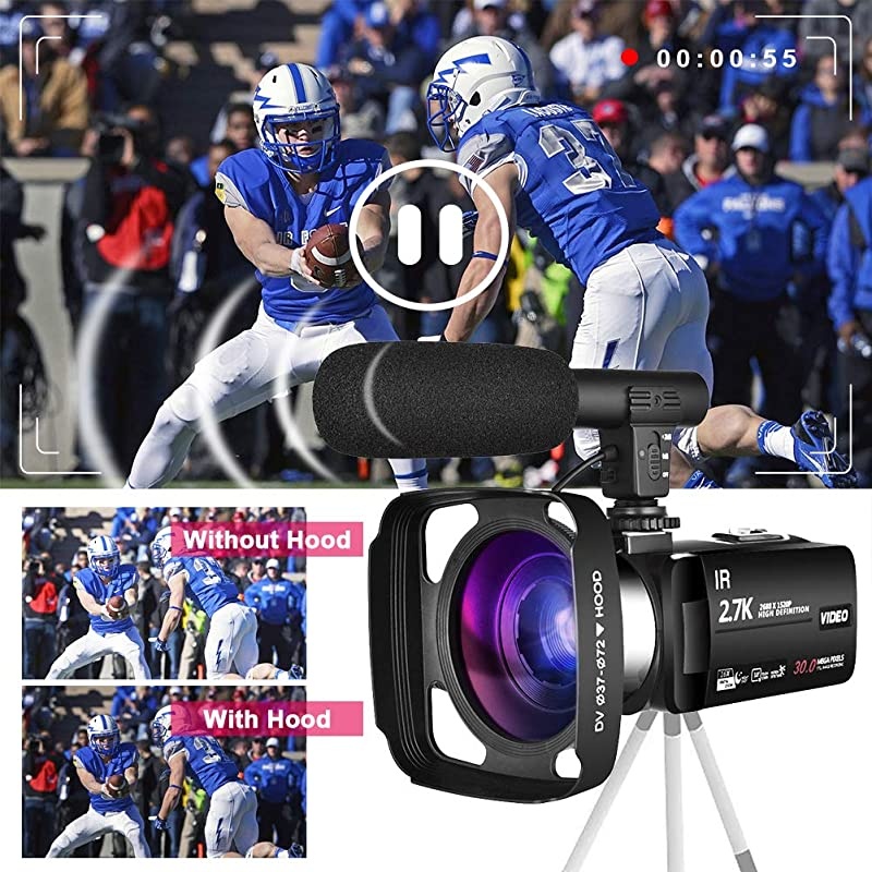 Camera Camcorder Vlogging Camera for Youtube Full HD 2.7K 30FPS 30 MP IR Night Vision 3 Inch Touch Screen Time-Lapse Camcorder with Microphone Remote Control Lens Hood and 2 Batteries