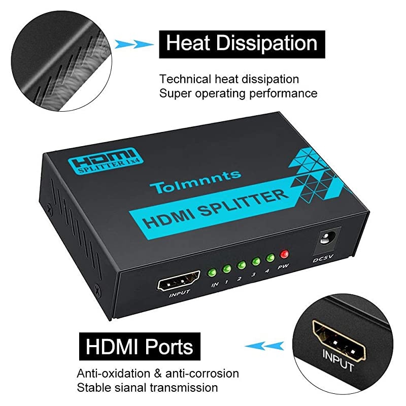 HDMI Splitter 1 in 4 Out Powered by AC Adapter, Supports 4K@30Hz 3D Full HD1080P, Compatible with Xbox PS3 PS4 Fire Stick Roku Blu-Ray Player HDTV - 1 Input to 4 Outputs