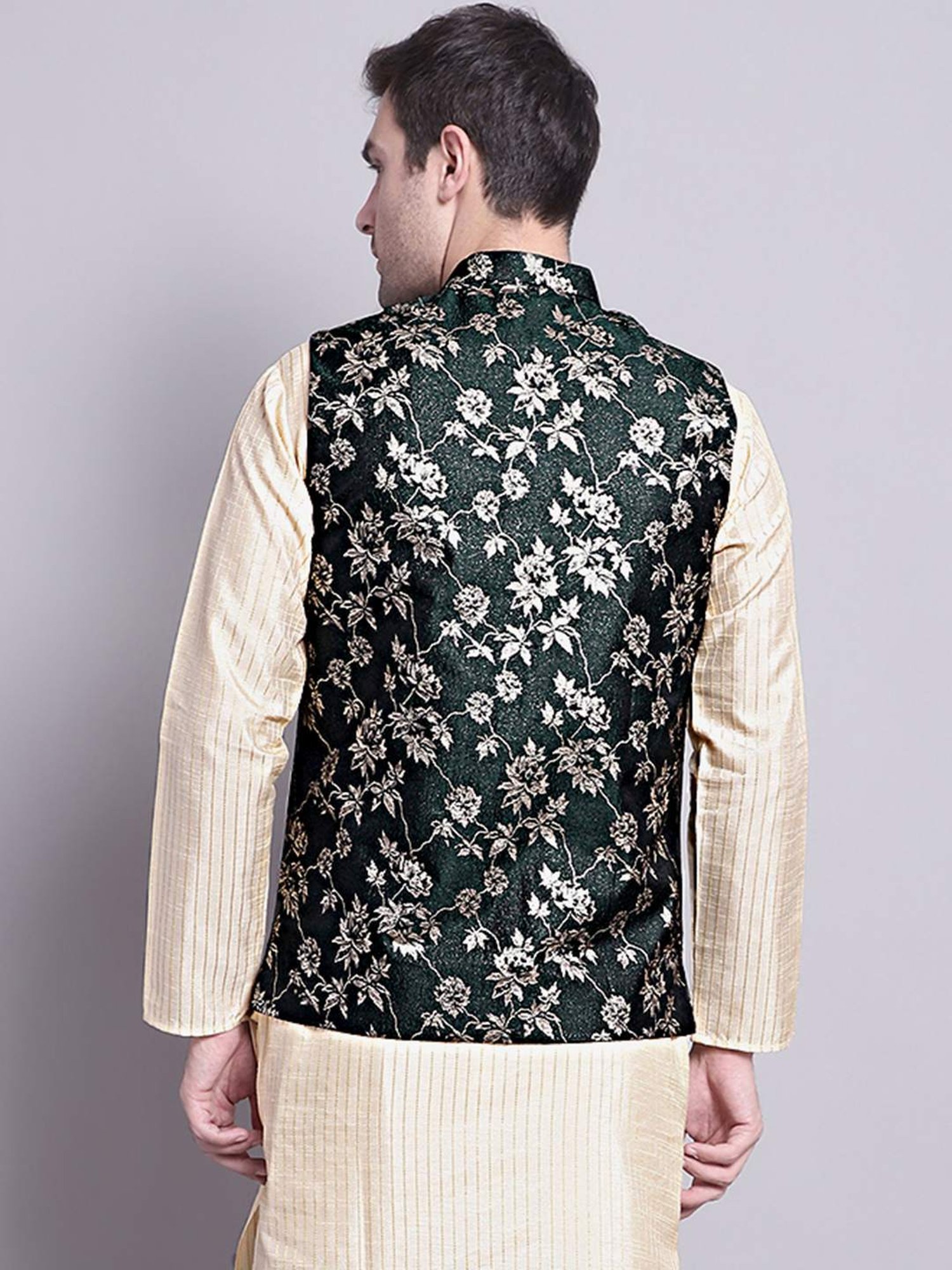 Jompers Dark Olive Regular Fit Printed Nehru Jacket