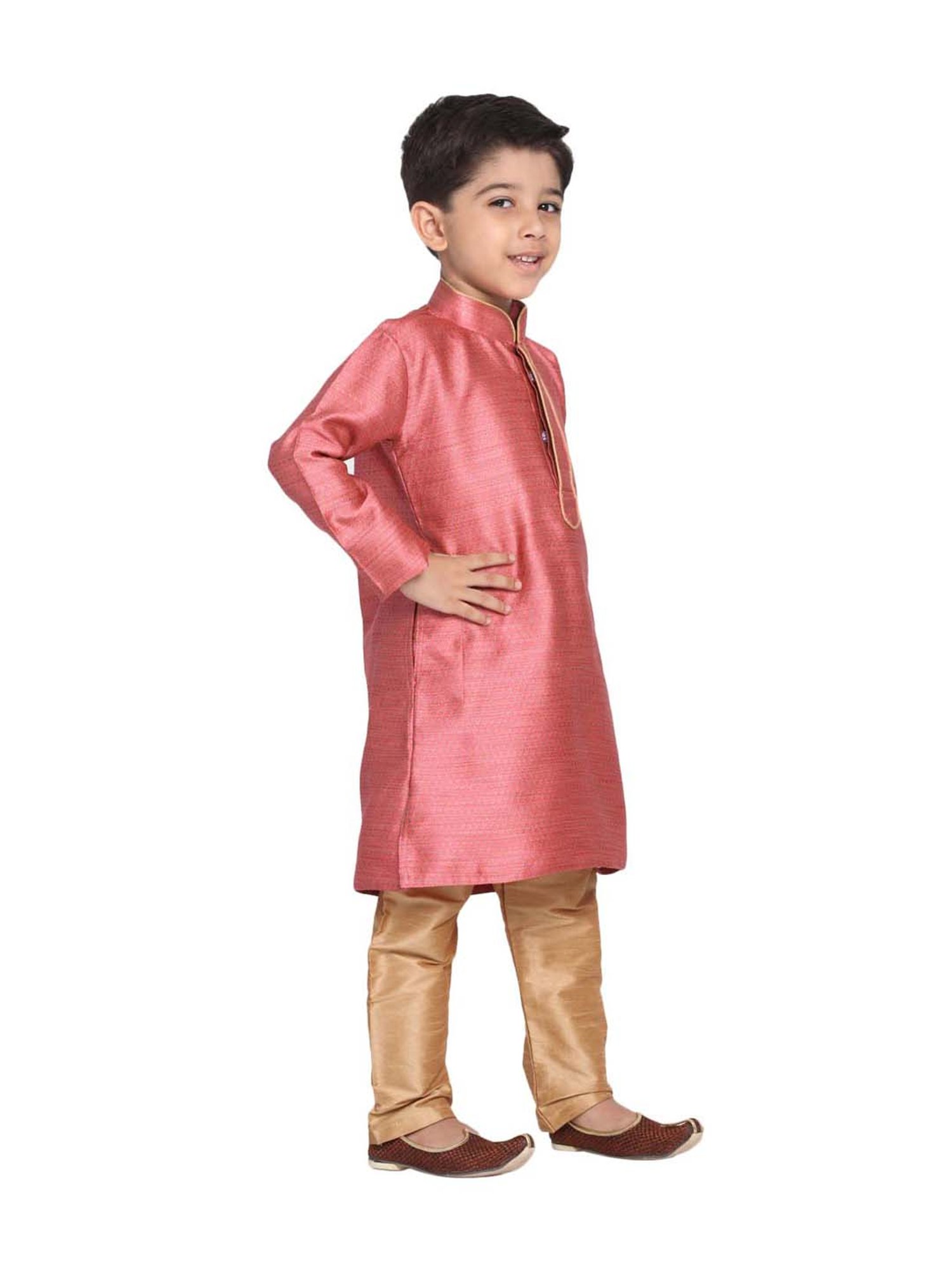 VASTRAMAY Kids Bubble Gum Pink & Rose Gold Self Pattern Kurta Set