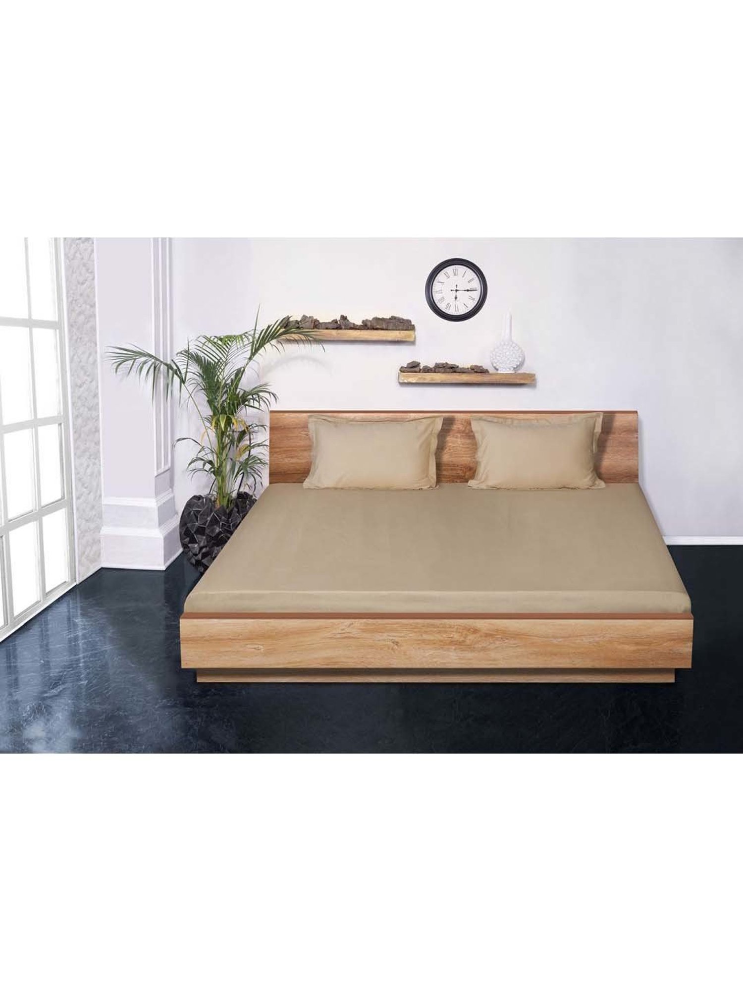 Mark Home Classic Beige Cotton 210 TC King Bedsheet with 2 Pillow Covers