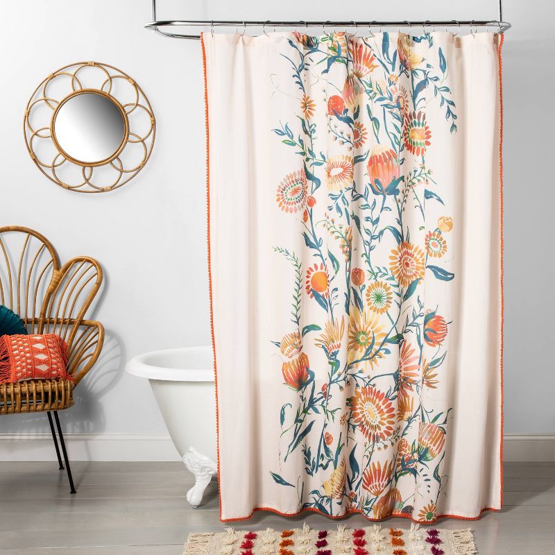 Placed Floral Print With Pom Trim Shower Curtain - Opalhouse™
