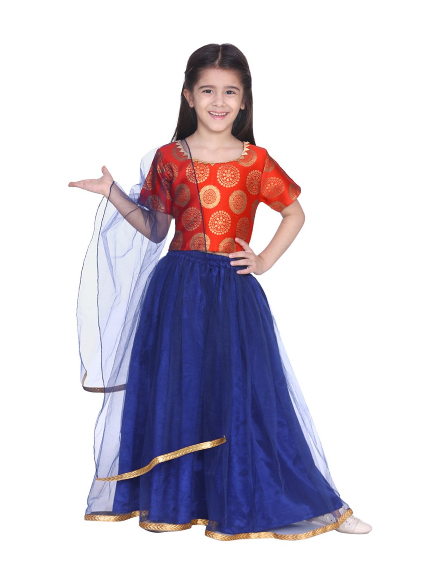 BownBee Kids Orange & Blue Zari Work Lehenga Choli With Dupatta