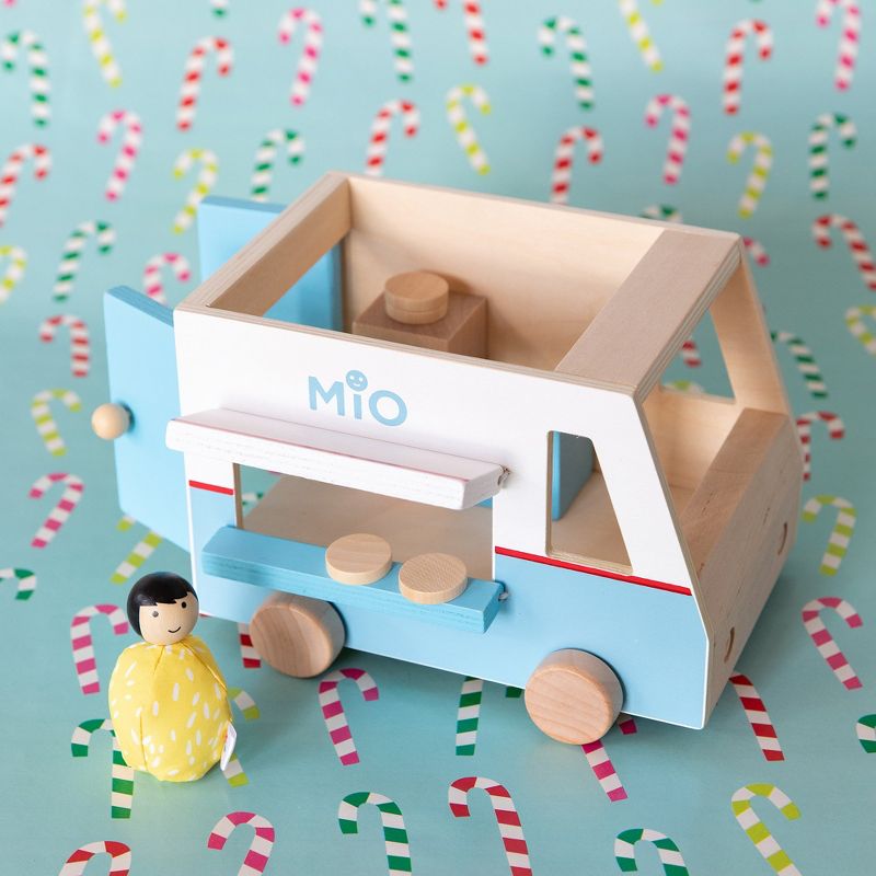 Manhattan Toy MiO Food Truck Vehicle + 1 Bean Bag Person Peg Doll Montessori Style STEM Learning Wooden Building Playset Accessory