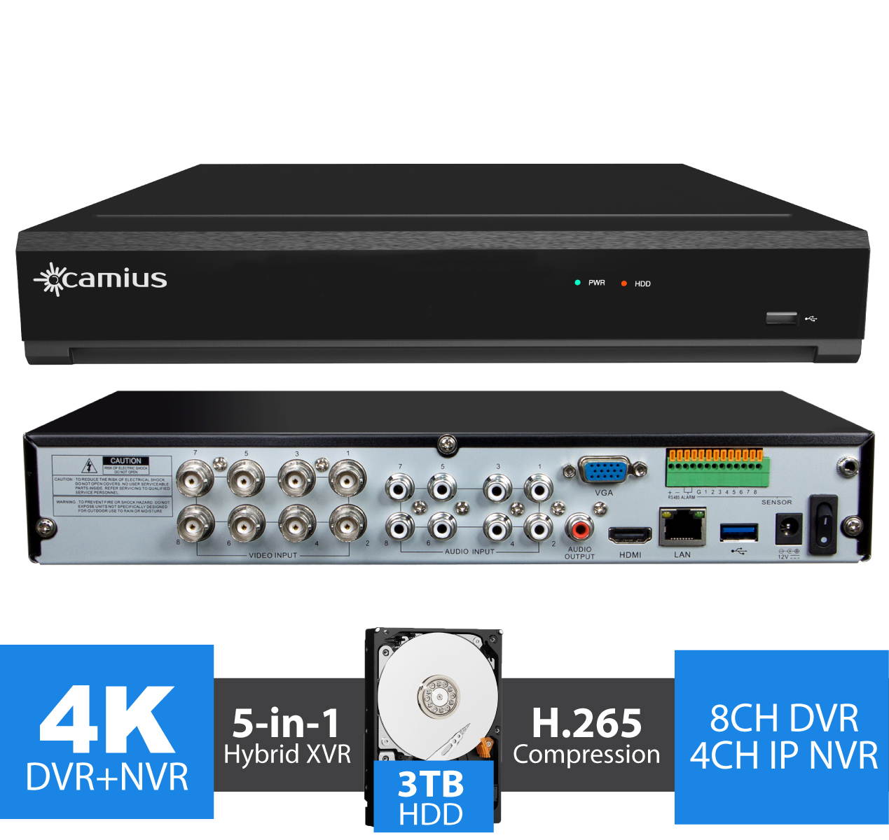 Camius 4K 8MP Hybrid 8 Channel DVR with 3TB HDD for  8 Analog  CVBS 960H, AHD, CVI, TVI and 4 IP cameras, 4K HDMI, VGA, SPOT Output, Audio, Alarm IO - Sold Without Cameras- TRIVAULT4K184