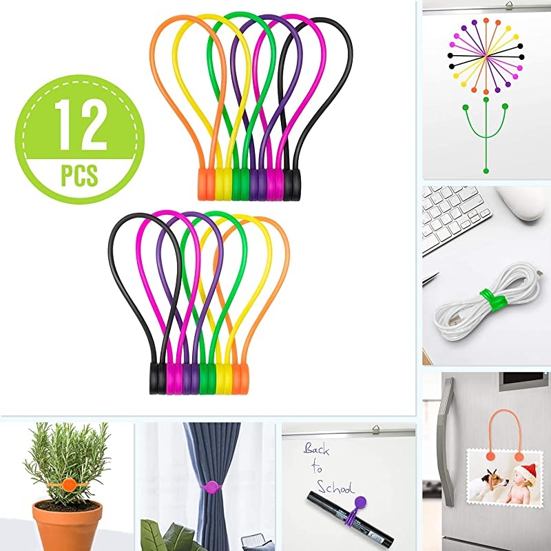 Magnetic Twist TiesSilicone Fridge MagnetsCable Straps with Strong Magnet for Bundling and OrganizingBookmark ClipsCord Wrap for HomeOfficeSchool or Just For Fun 6 Colors12 Pack