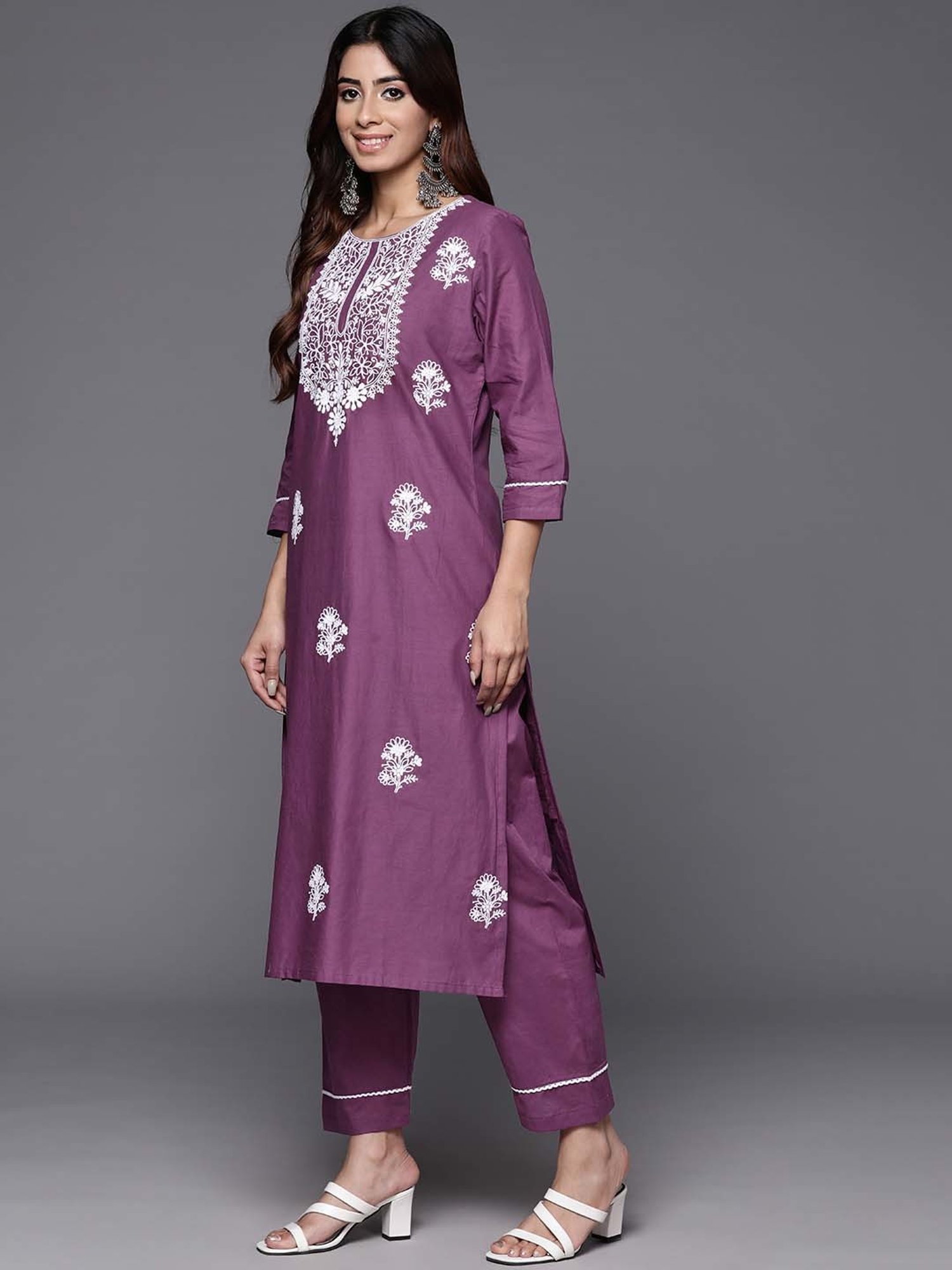 Varanga Purple Cotton Embroidered Kurta Pant Set With Dupatta