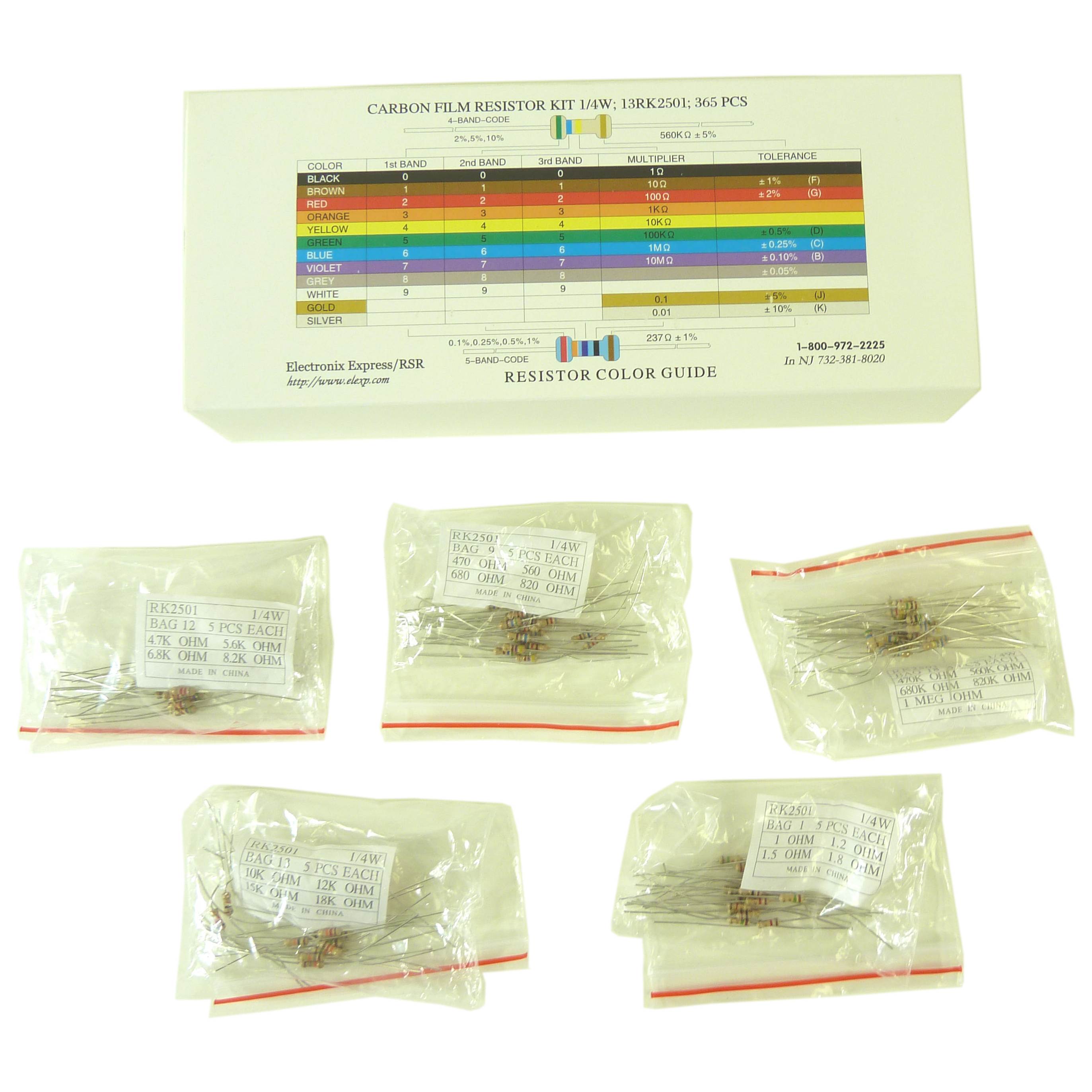 365 Piece Resistor Kit 1/4 Watt in Compartmentalized Cardboard Storage Box
