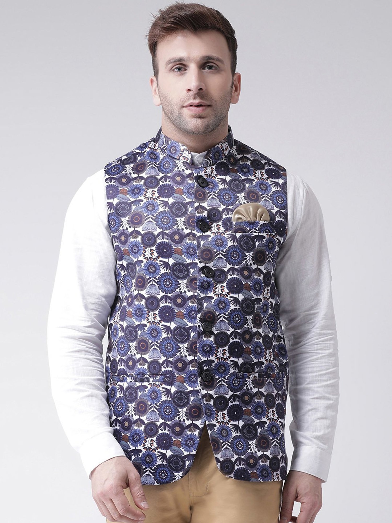 Hangup Plus White & Blue Regular Fit Floral Print Nehru Jacket