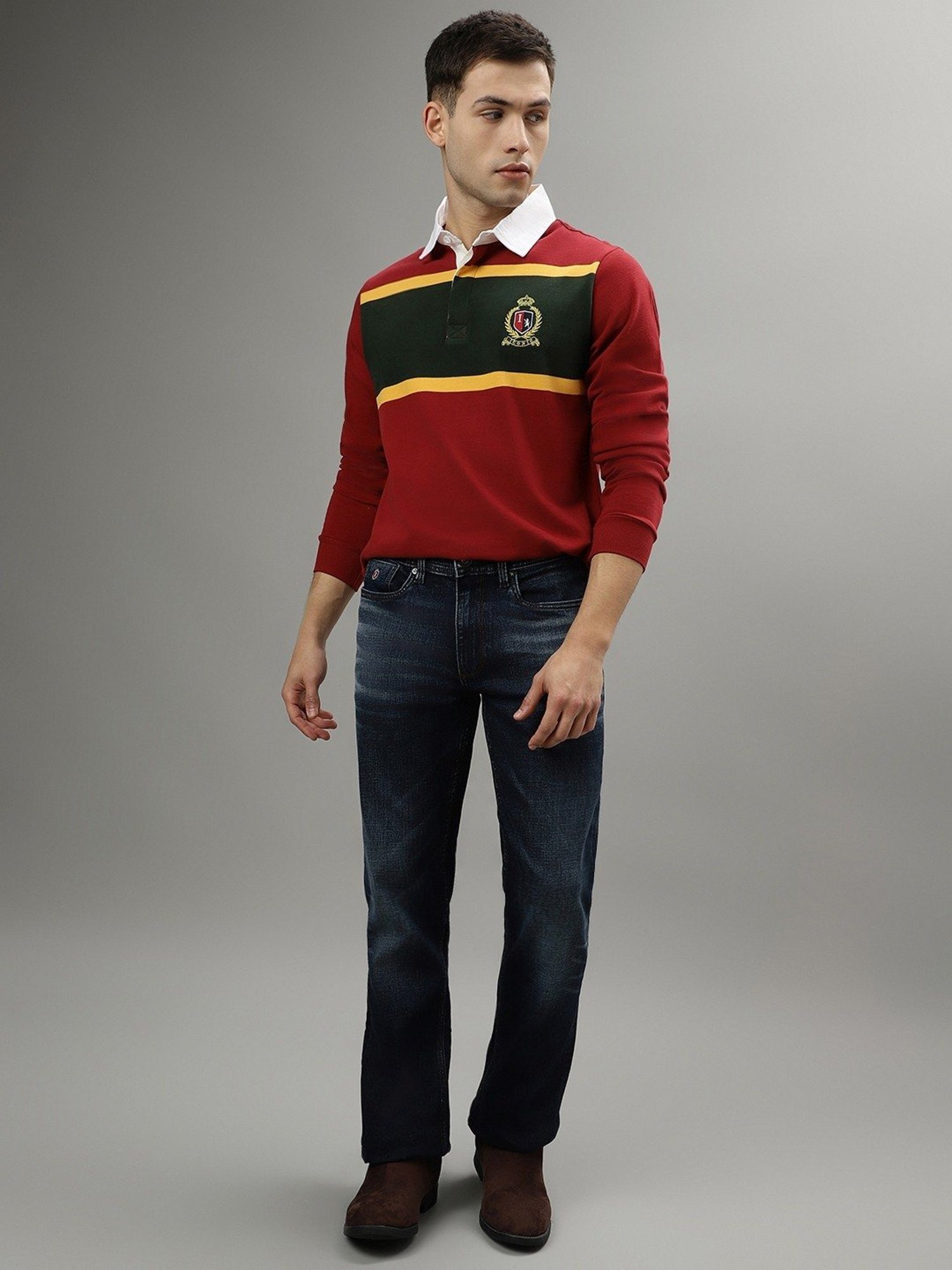 Iconic Red Cotton Regular Fit Colour Block Polo T-Shirt