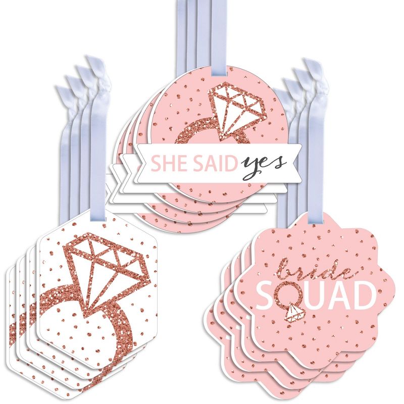 Big Dot of Happiness Bride Squad - Assorted Hanging Rose Gold Bridal Shower or Bachelorette Party Favor Tags - Gift Tag Toppers - Set of 12
