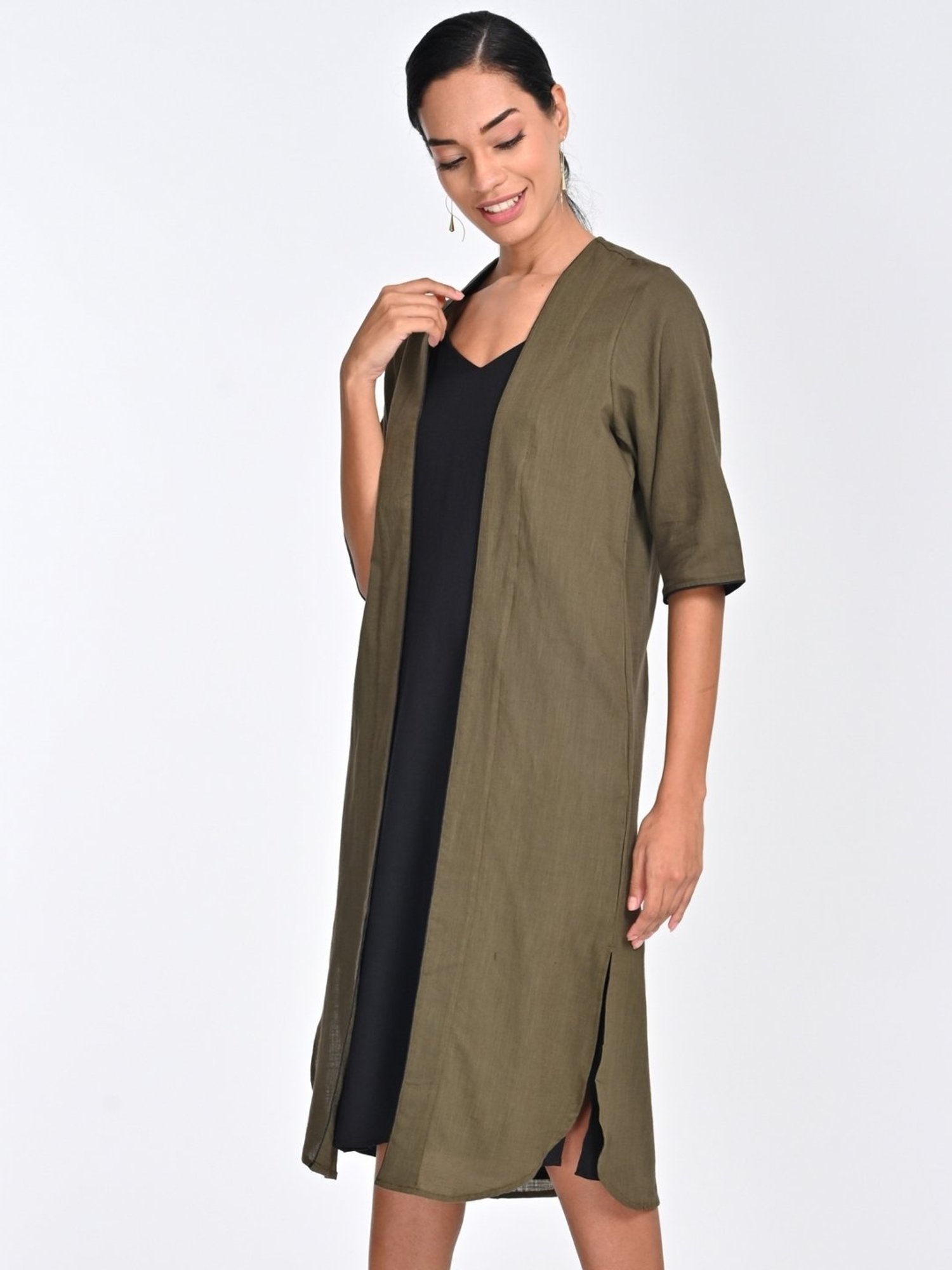 Saltpetre Women Olive with Black Piping Open Front Long Overlay