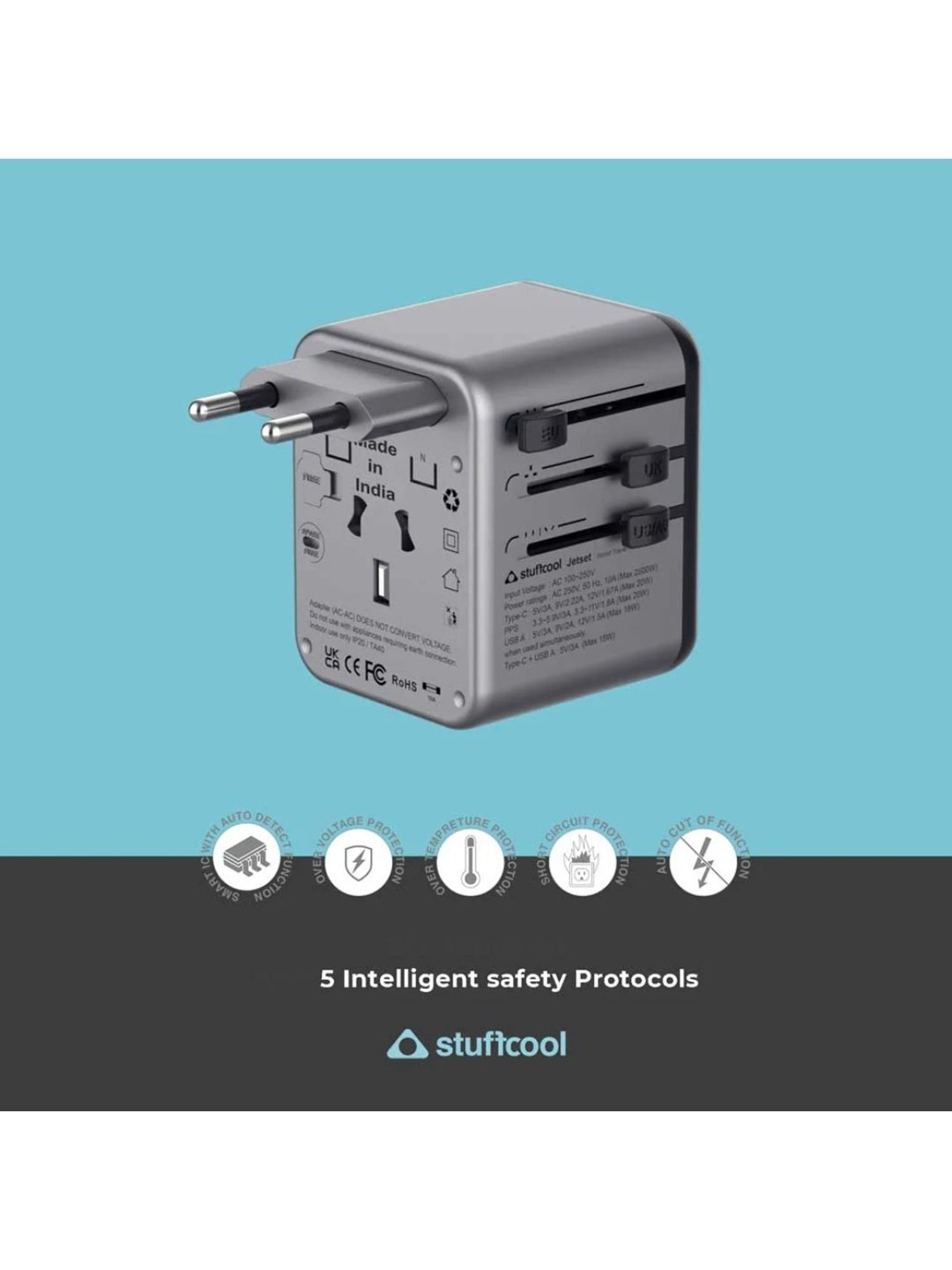 Stuffcool Jetset Universal World Travel Adapter with PD20W Type C port (Black)