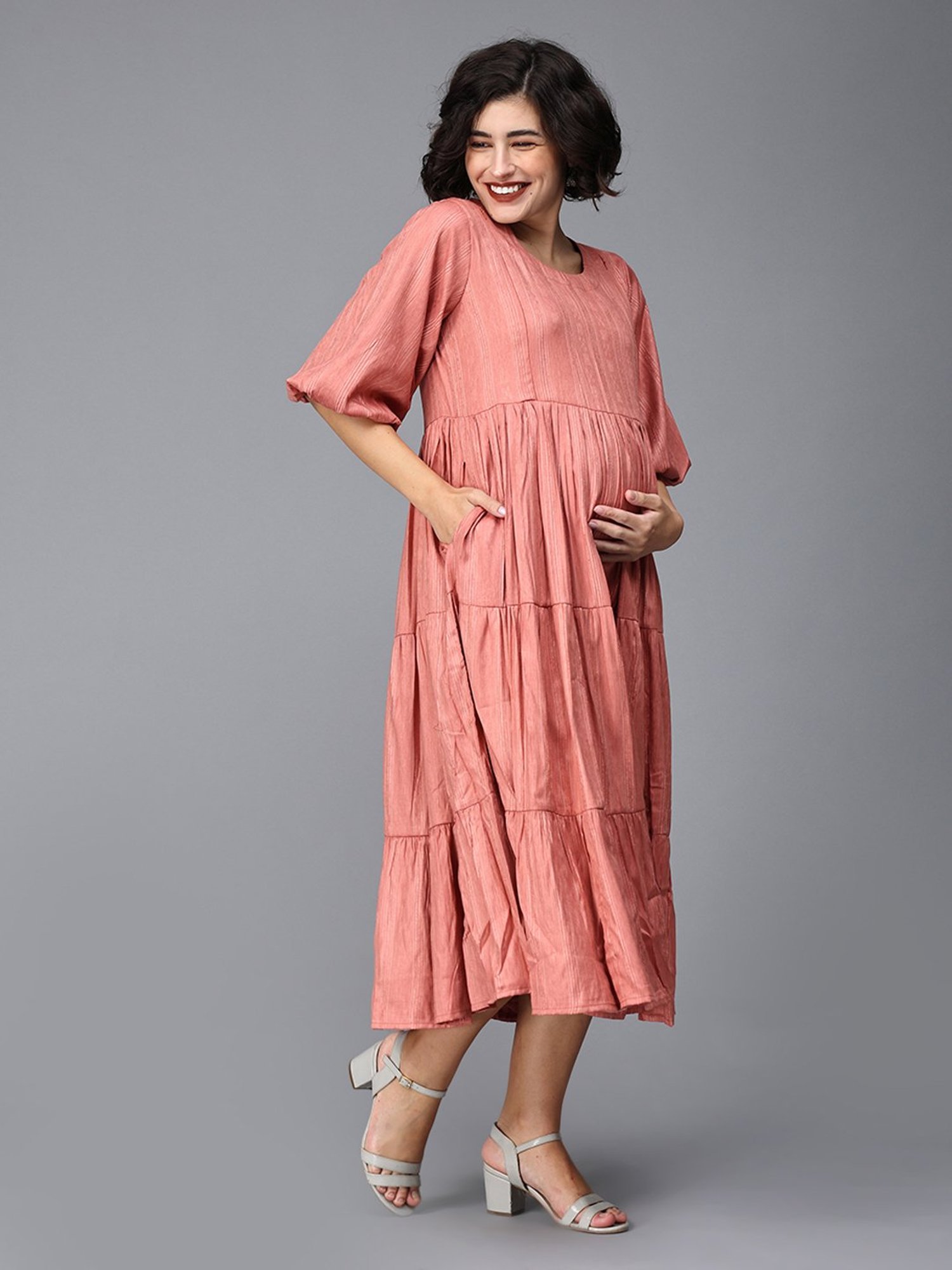 The Mom Store Peach Striped Maternity & Nursing Midi Tier Dress