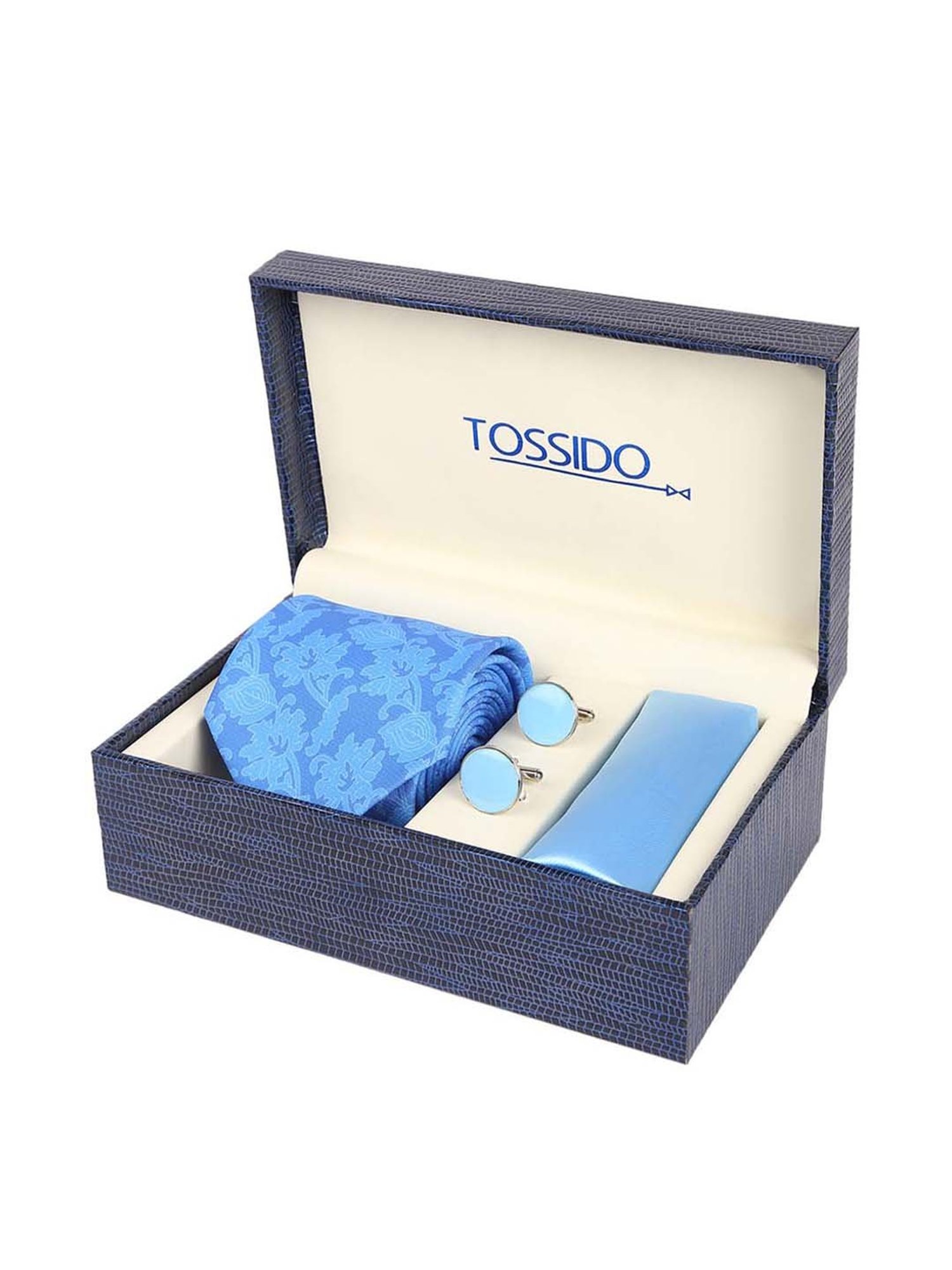 Tossido Blue Woven Necktie With Pocket Square and Cufflinks