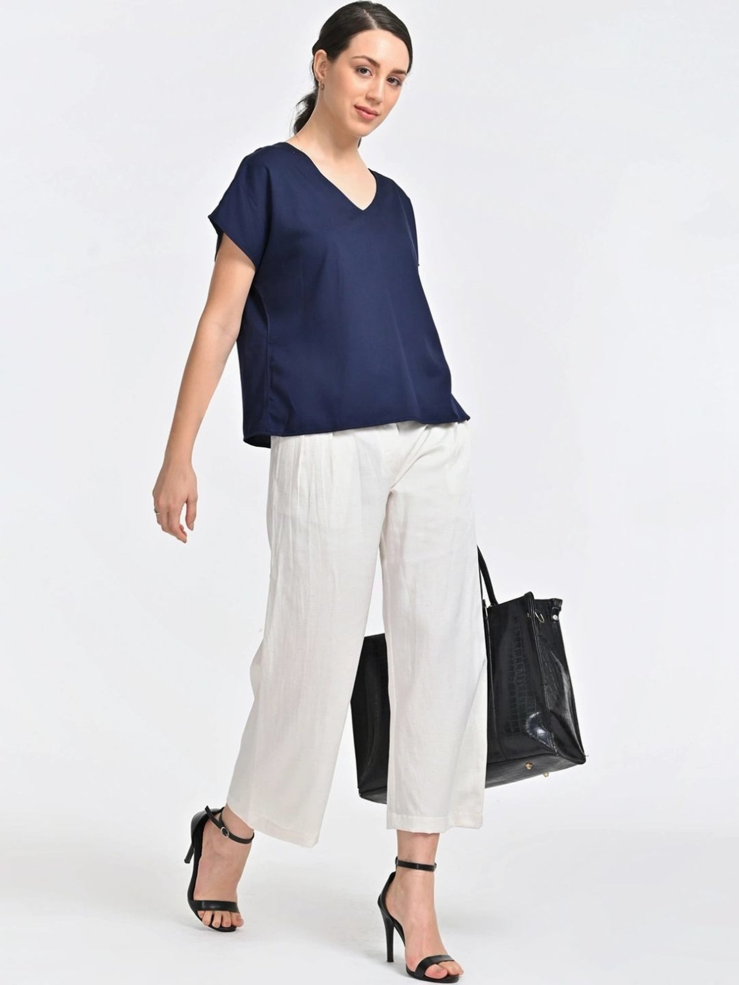 Saltpetre Indigo V-neck Top With Cream Trousers Co-ords Set