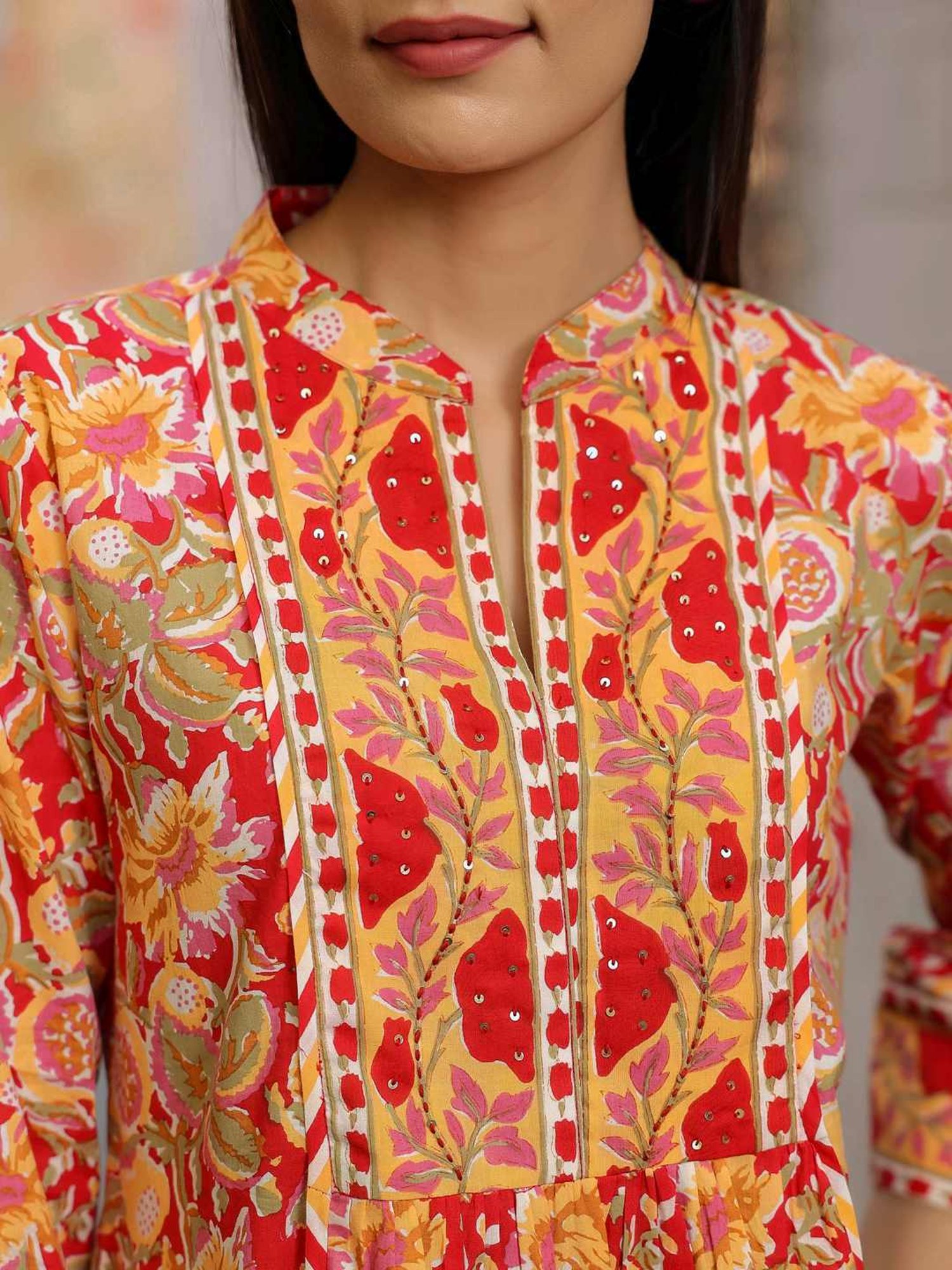 Rain and Rainbow Yellow & Red Cotton Embellished Top