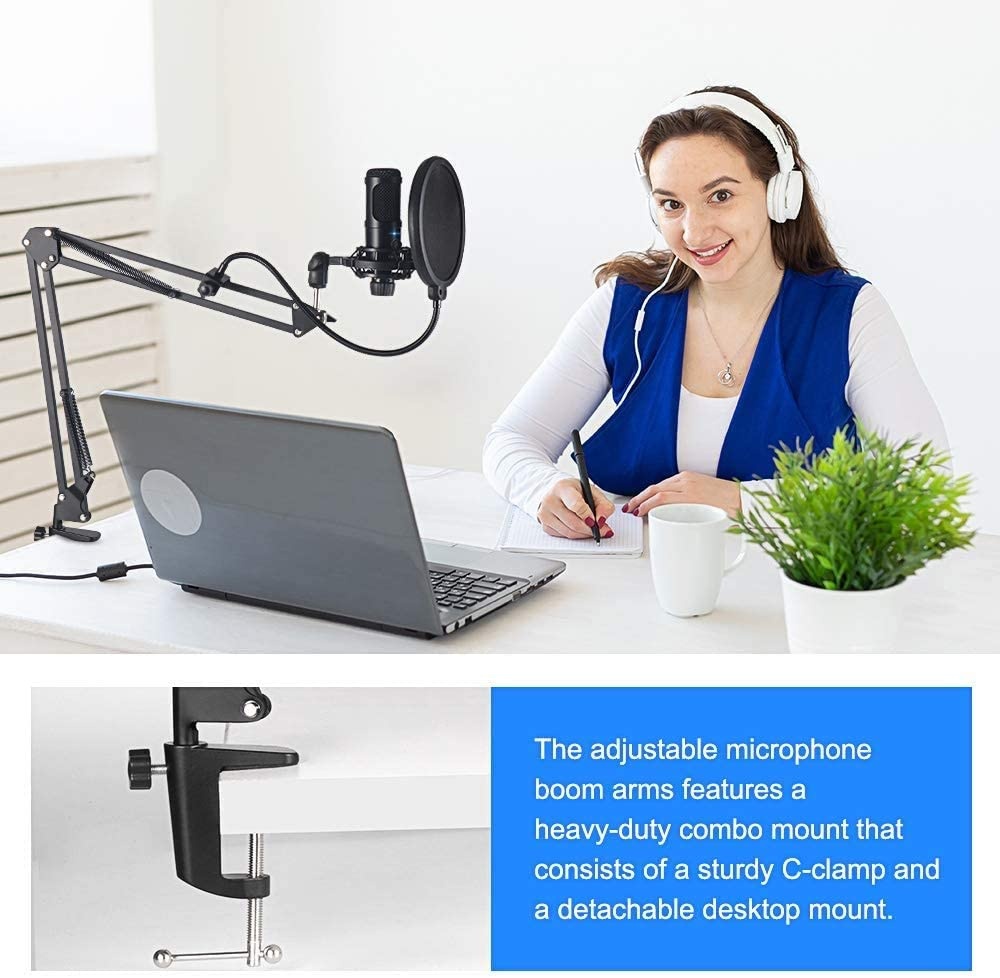 Condenser Microphone, Intelligent Noise Reduction Cardioid Computer Mic Kit with Adjustable Scissor Arm, Shock Mount, Pop Filter for Recording, Podcasting, Voice Over, Home Studio, YouTube