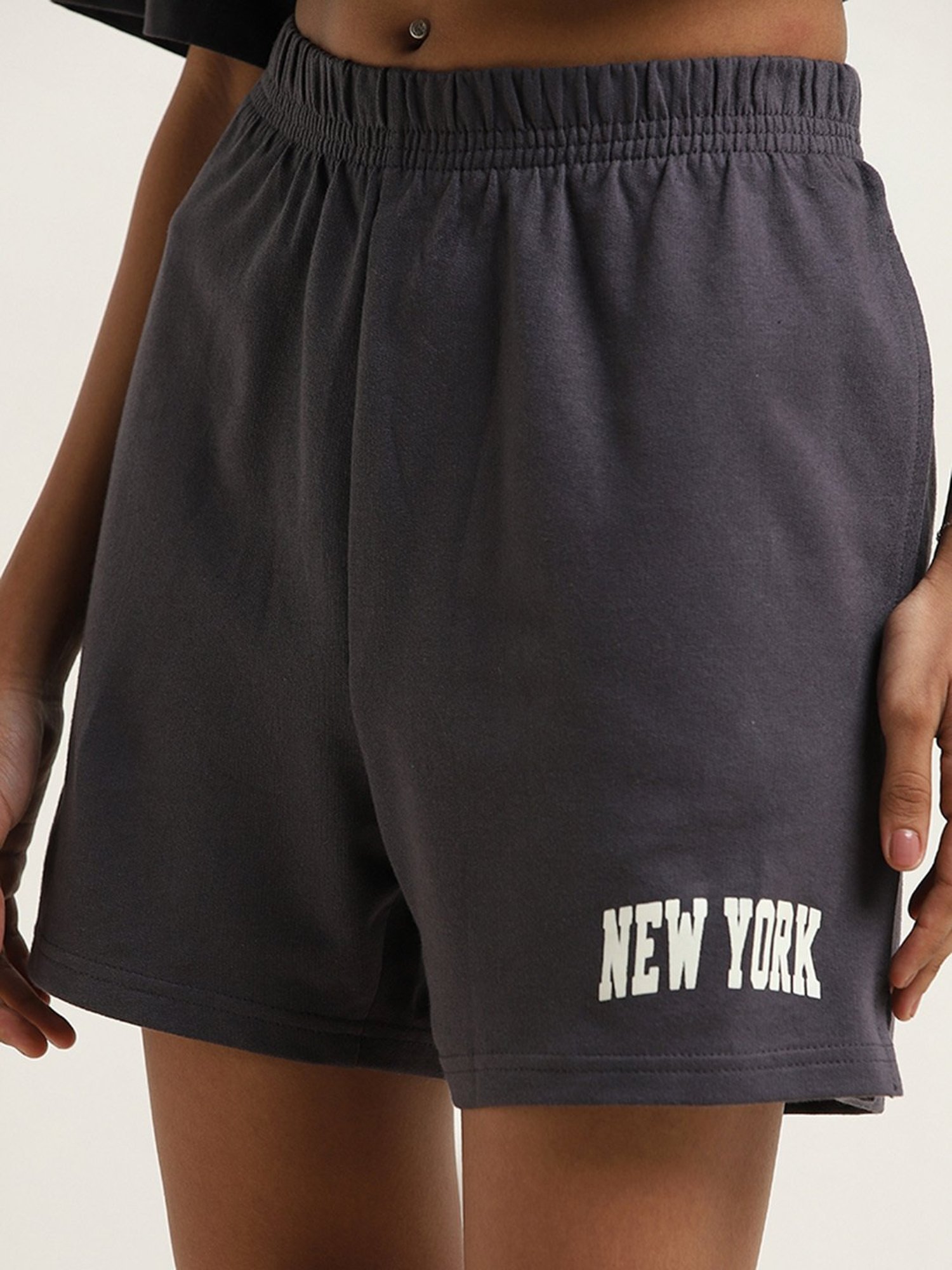 Superstar by Westside Grey Text Printed High-Rise Cotton Shorts