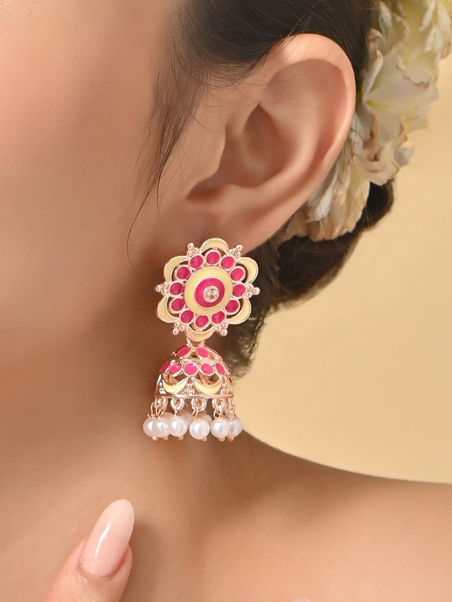 Fida Pink and Gold Plated Floral Pearl Meenakari Jhumki Earrings for Women