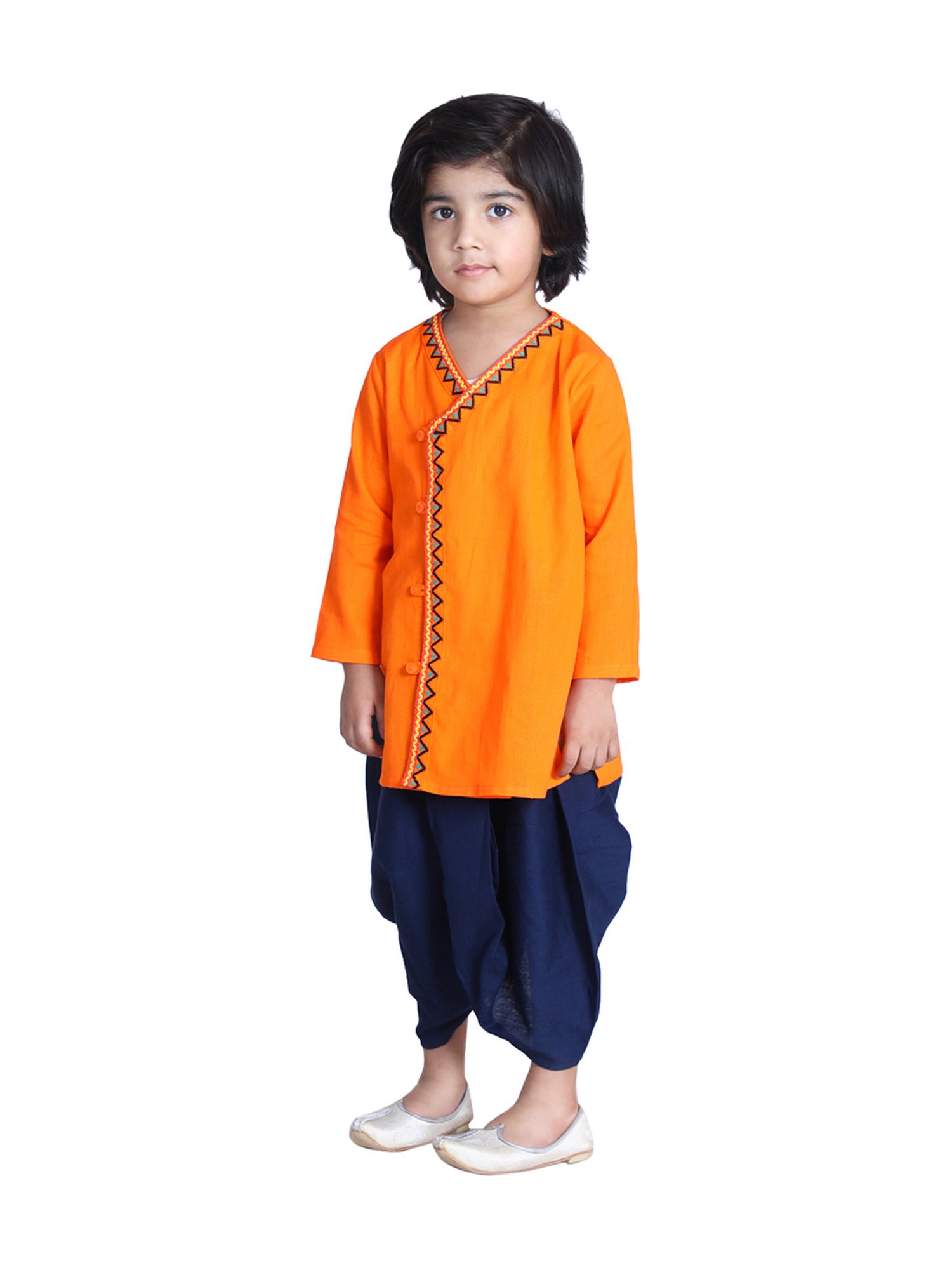 BownBee Kids Orange Cotton Embroidered Kurta & Dhoti