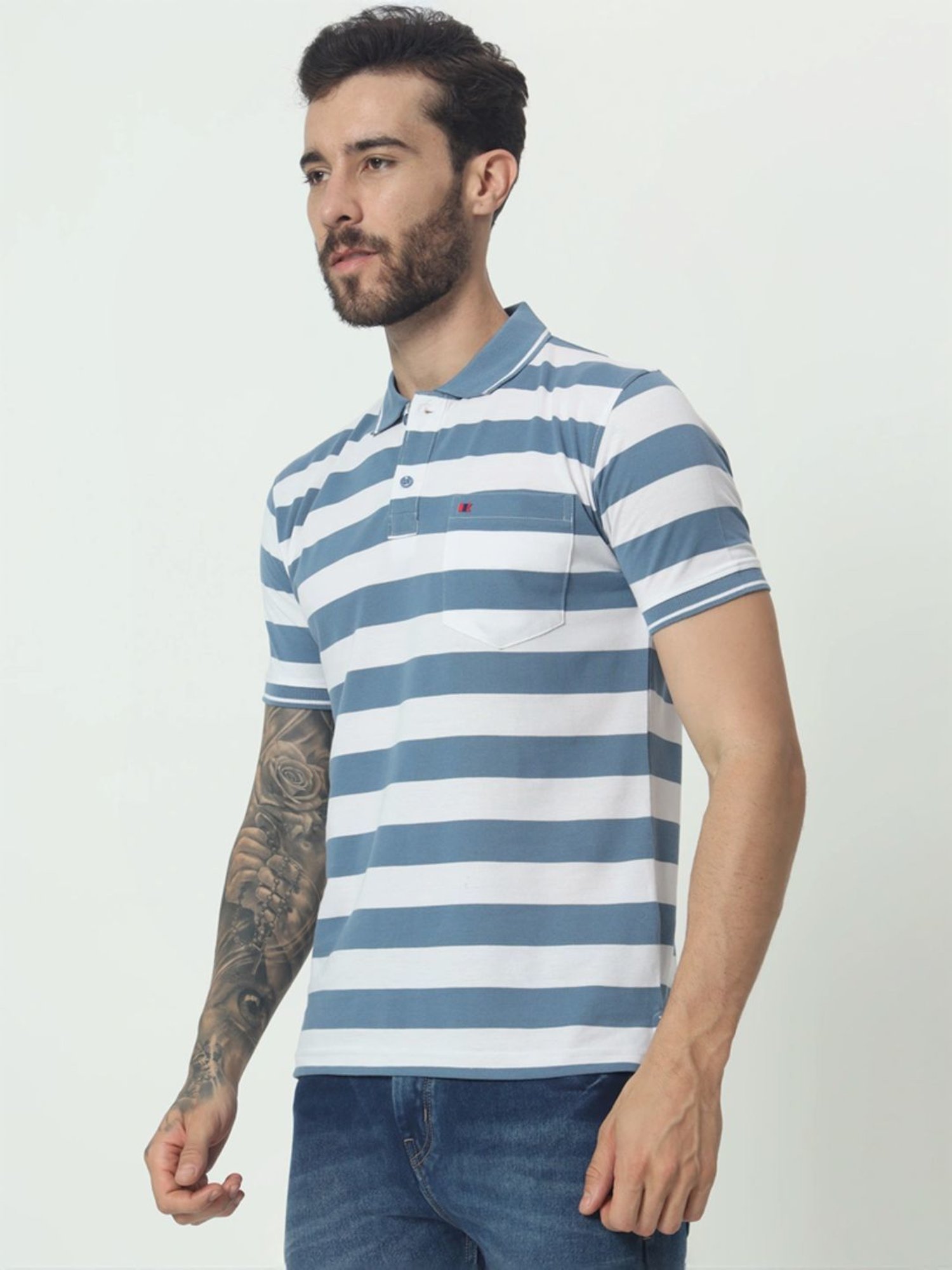 Tab91 Blue Regular Fit Striped Polo T-Shirts