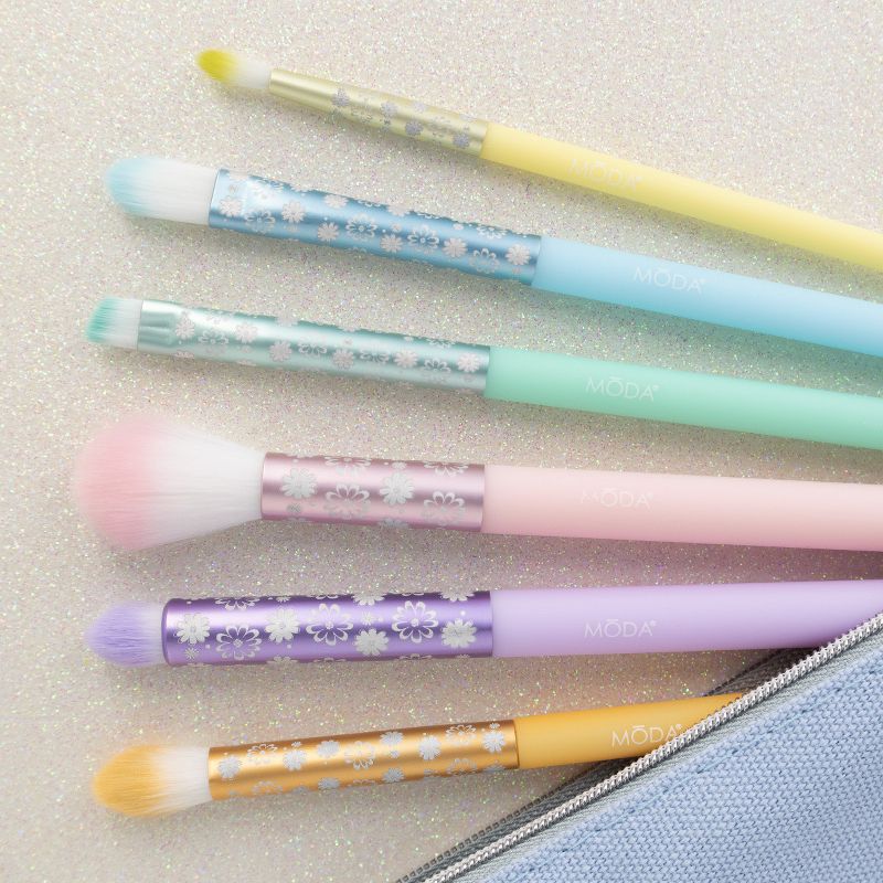 MODA Brush Posh Pastel 7pc Delicate Eye Makeup Brush Set with Zip Case, Includes - Eye Contour, Smoky Eye, Crease, Shadow, Brown and Pointed Liner Brushes