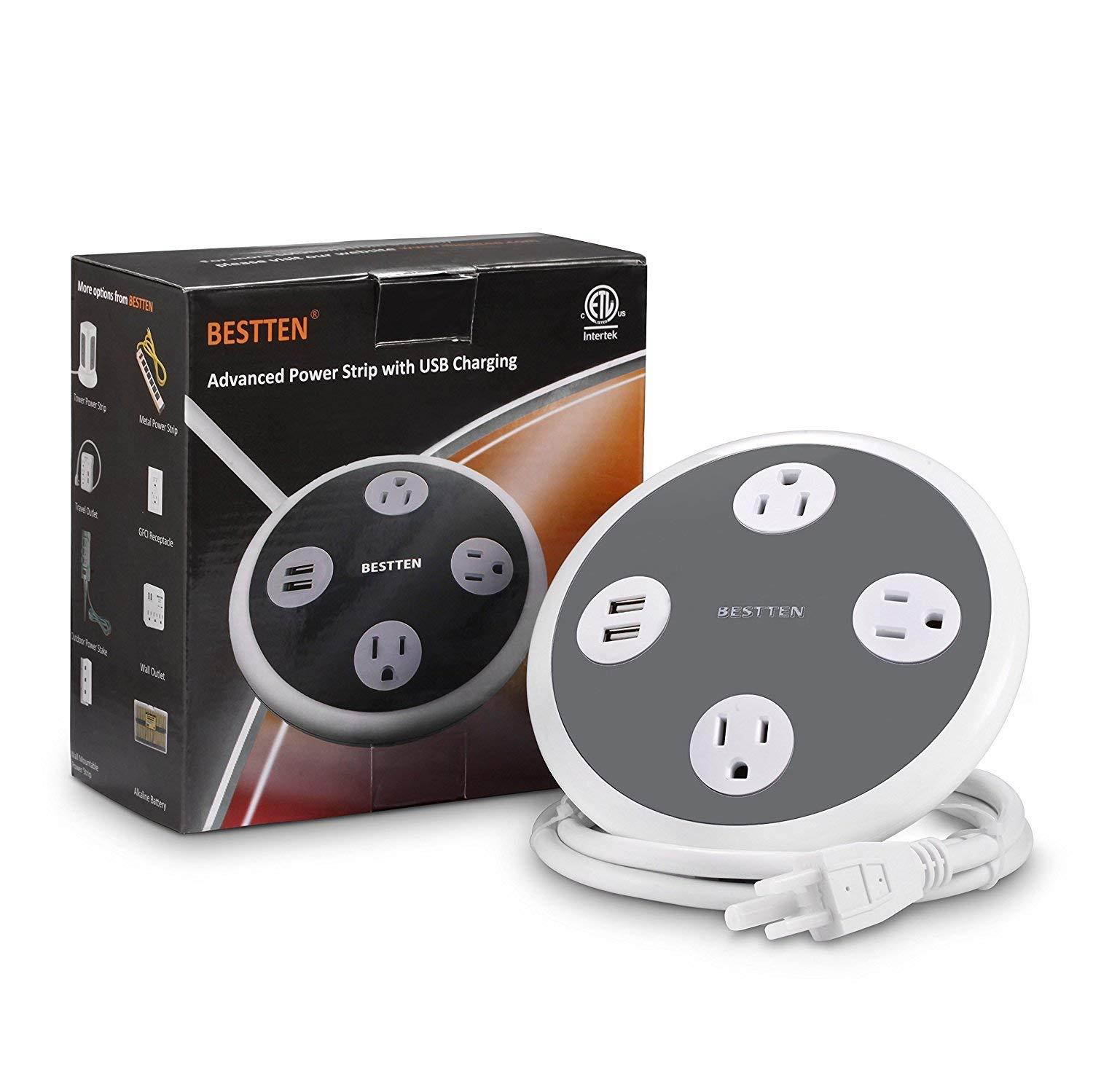 BESTTEN Desktop Power Strip with USB Ports (3.1 Amp), 3 Wide-Spaced Outlets and 2 USB Charging Ports, 4' Heavy Duty Extension Cord, ETL Certified, Gray & White