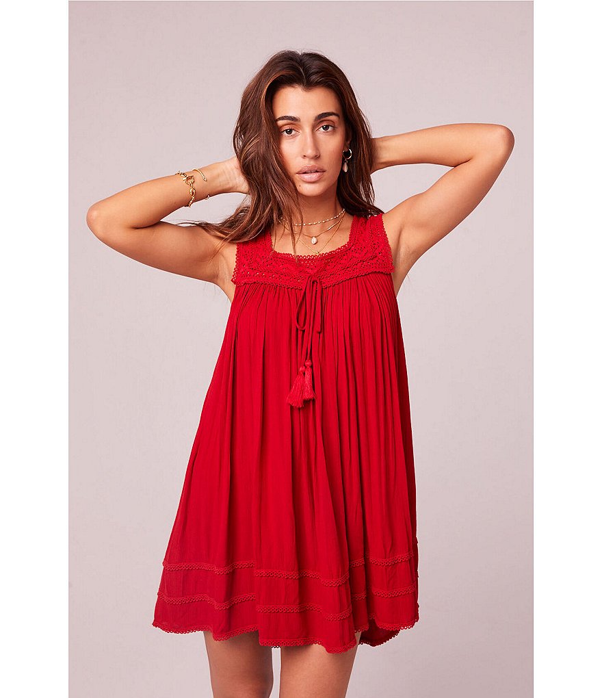 B.O.G. Collective Summer Love Tassel Detail Square Neck Lace Trim Sleeveless Babydoll Flirty Mini Swing Dress